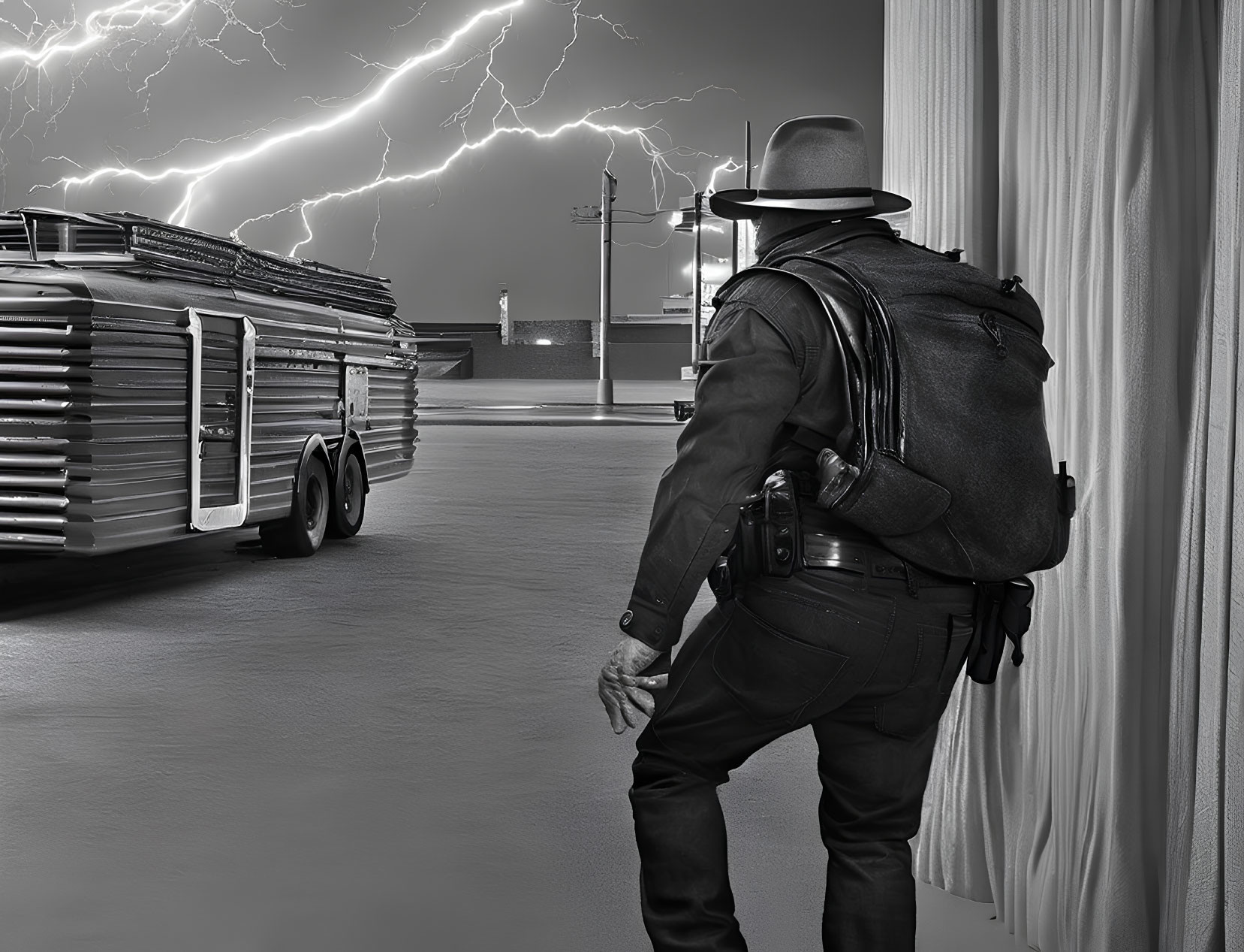 Person in cowboy hat near diner watching lightning strike at night