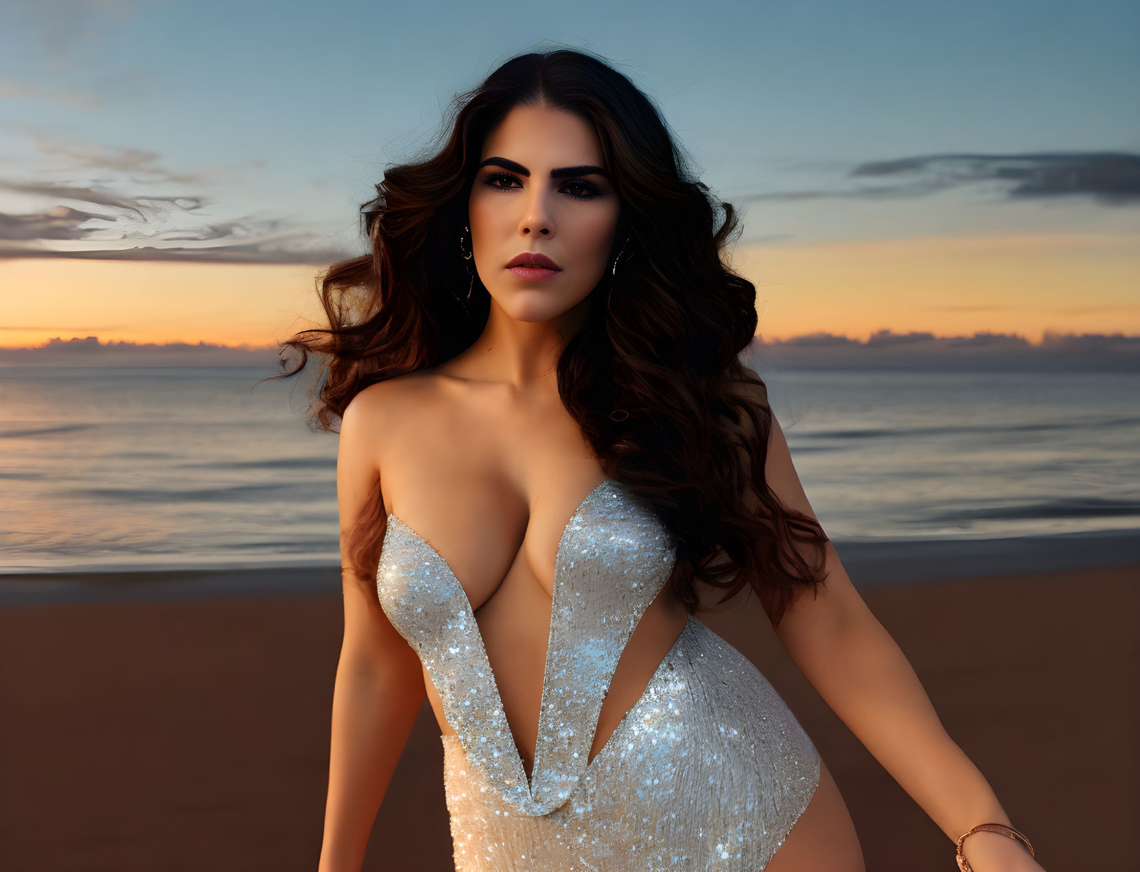 Dark-haired woman in white dress on beach at sunset with scattered clouds