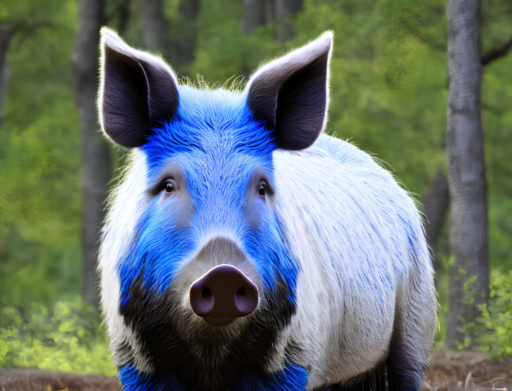 Digitally altered image: Blue and white fur pig in forest.