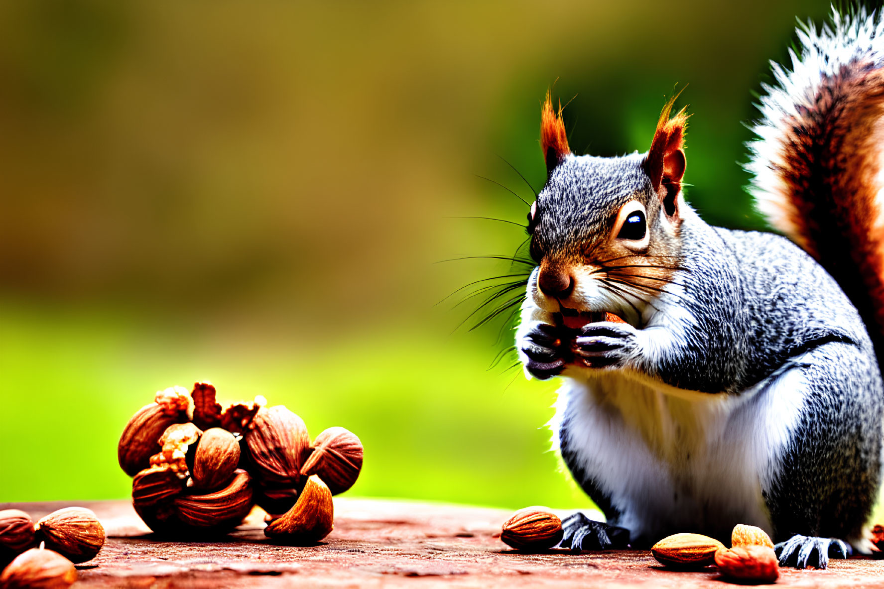 Bushy-tailed squirrel nibbling on a nut near a pile of nuts