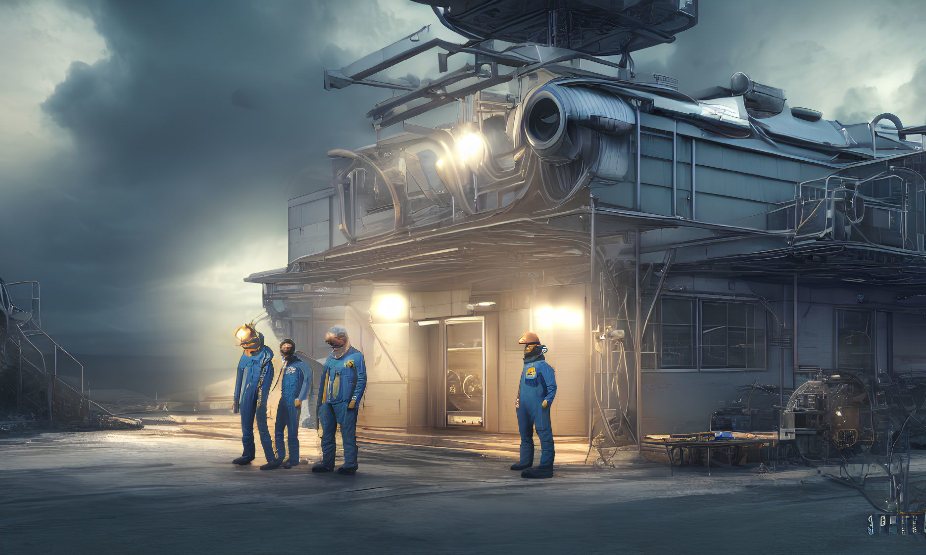 Three workers in blue overalls and hardhats at industrial building with large pipes under cloudy sky.