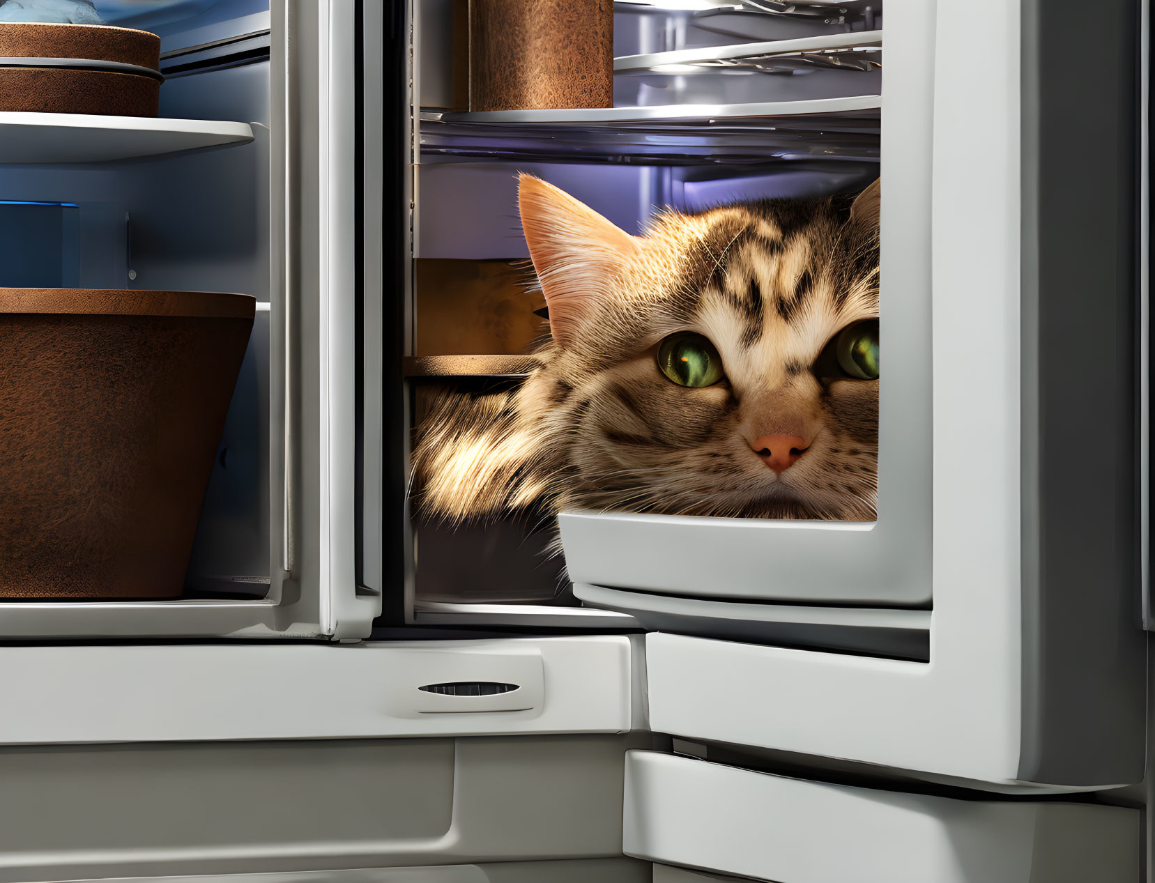 Tabby Cat with Green Eyes Peeking from Refrigerator