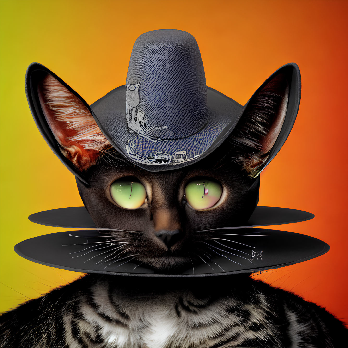 Black Cat with Green Eyes in Cowboy Hat and Vinyl Record Collar on Orange Yellow Gradient Background