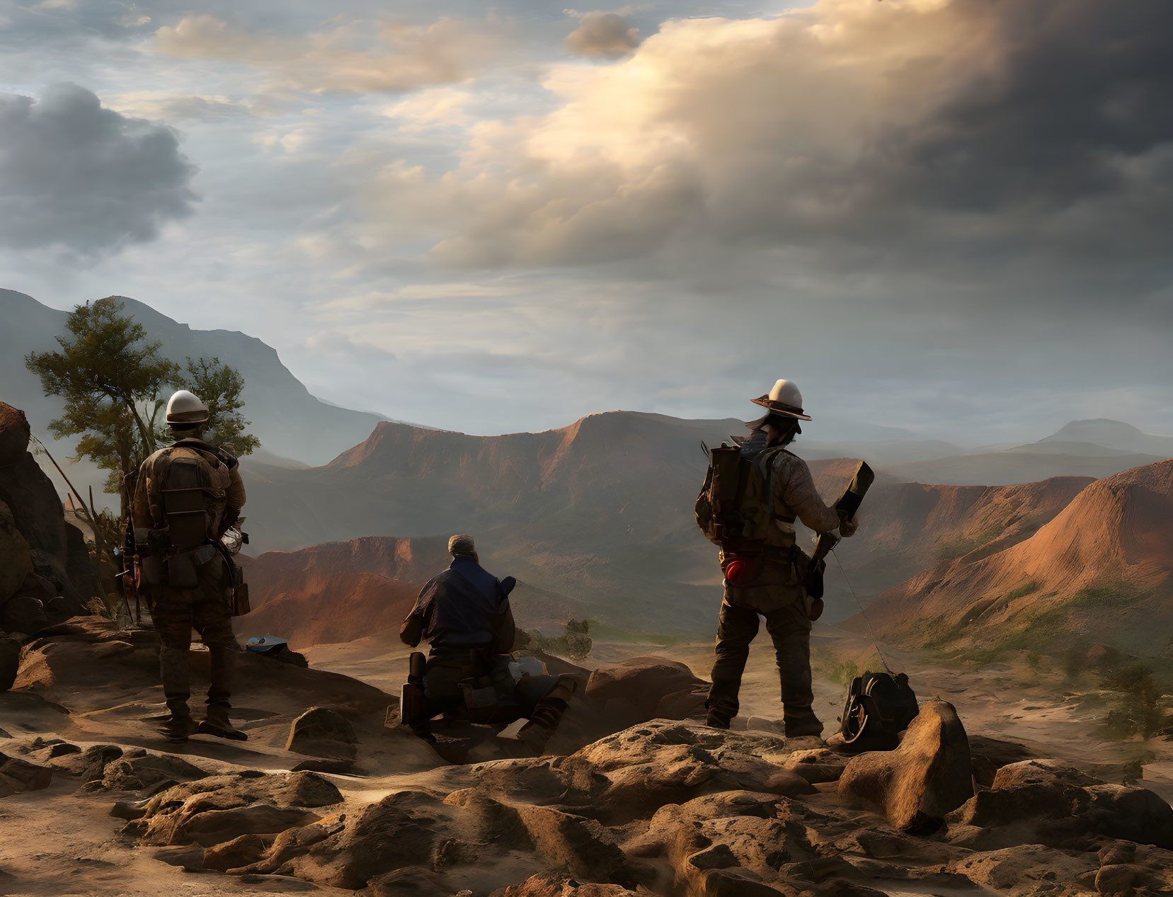 Explorers in rugged outfits at vast canyon under dramatic sky