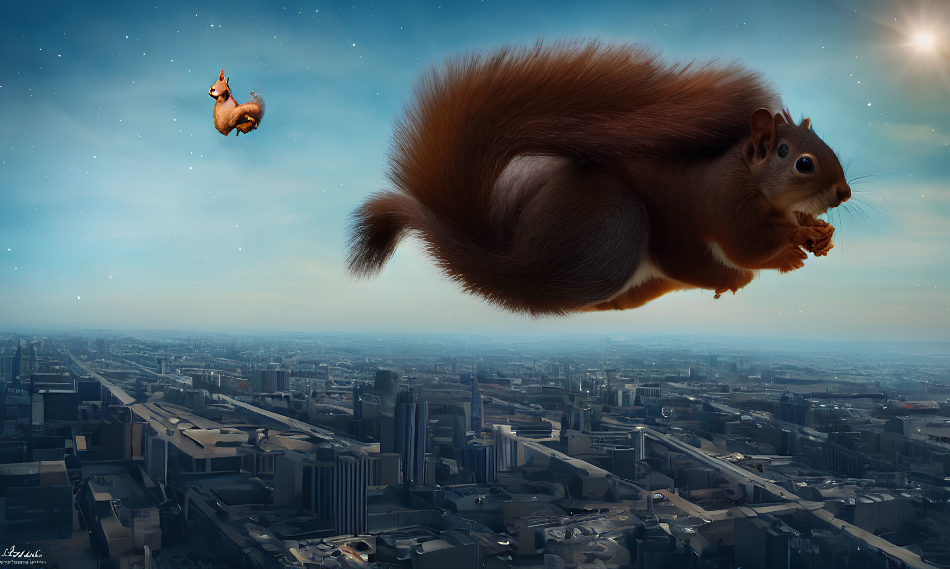 Giant flying squirrel over cityscape with smaller squirrel in dusky blue sky