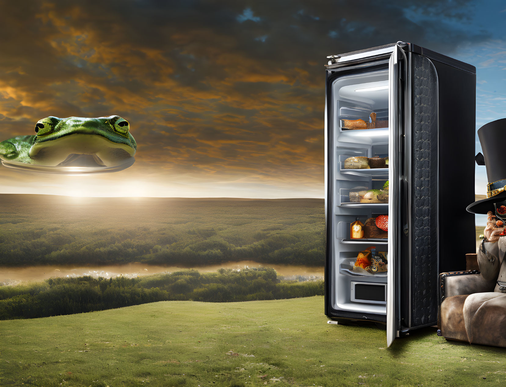 Surreal landscape featuring giant frog, outdoor fridge, and person reading in boot