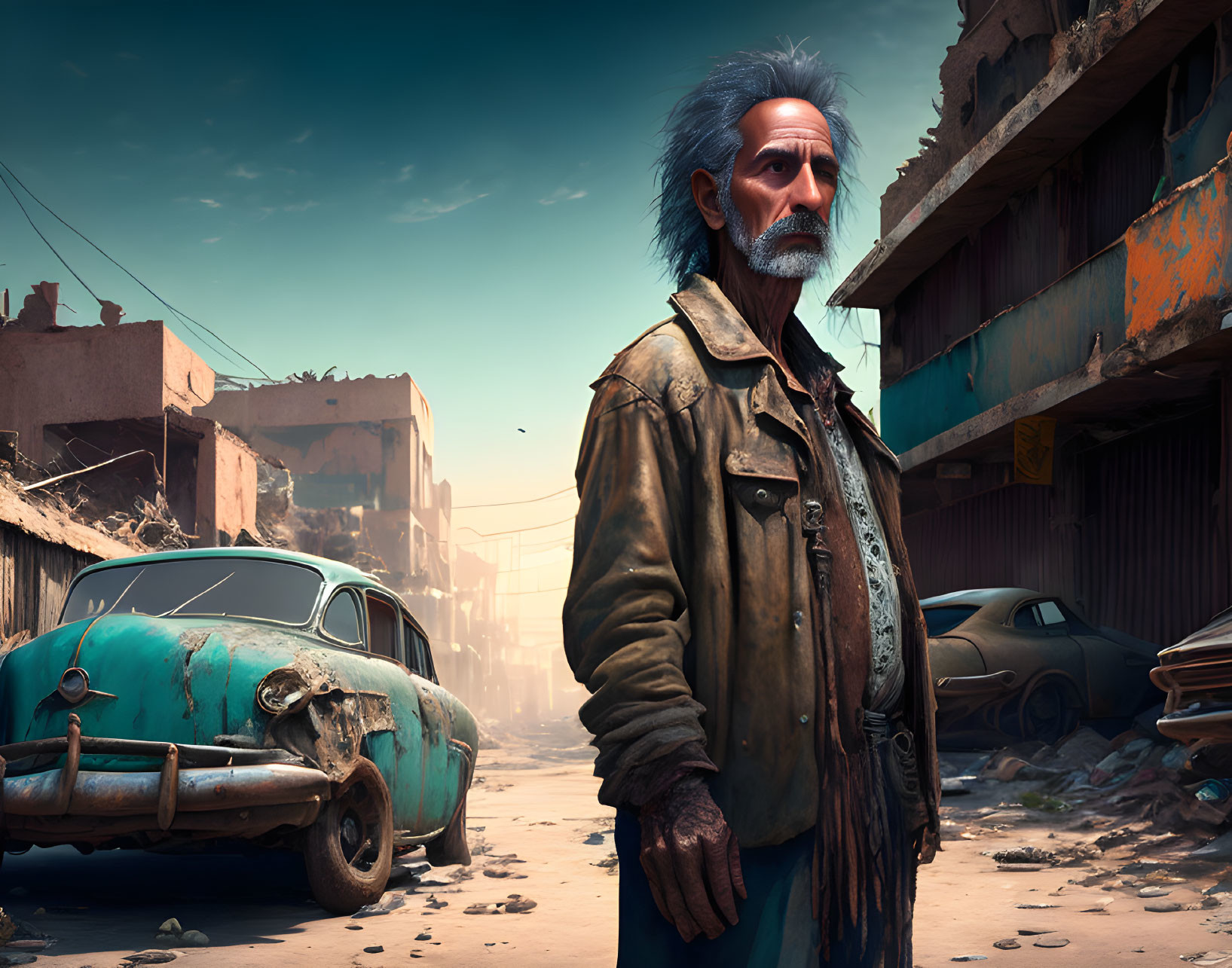 Elderly man in post-apocalyptic street with derelict buildings