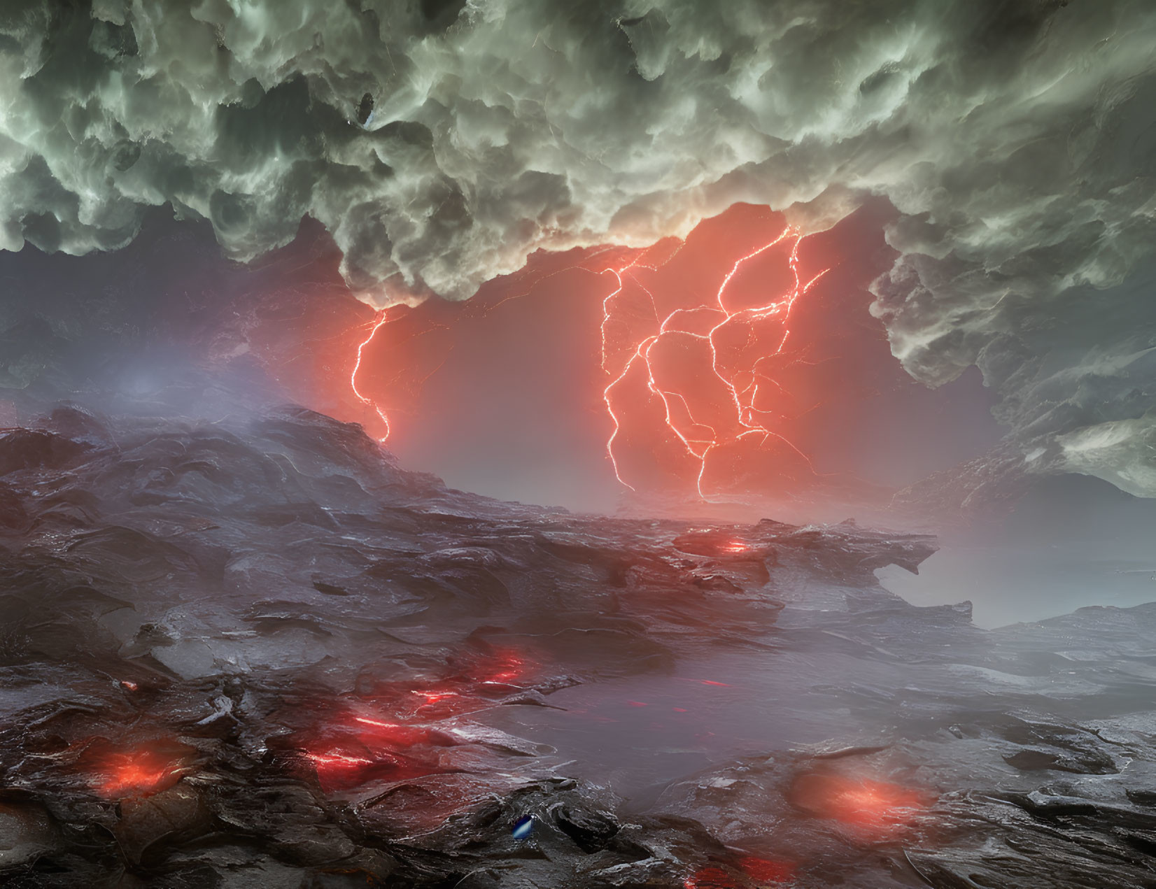 Dark clouds, lightning strikes, red embers on rocky terrain: dramatic alien landscape