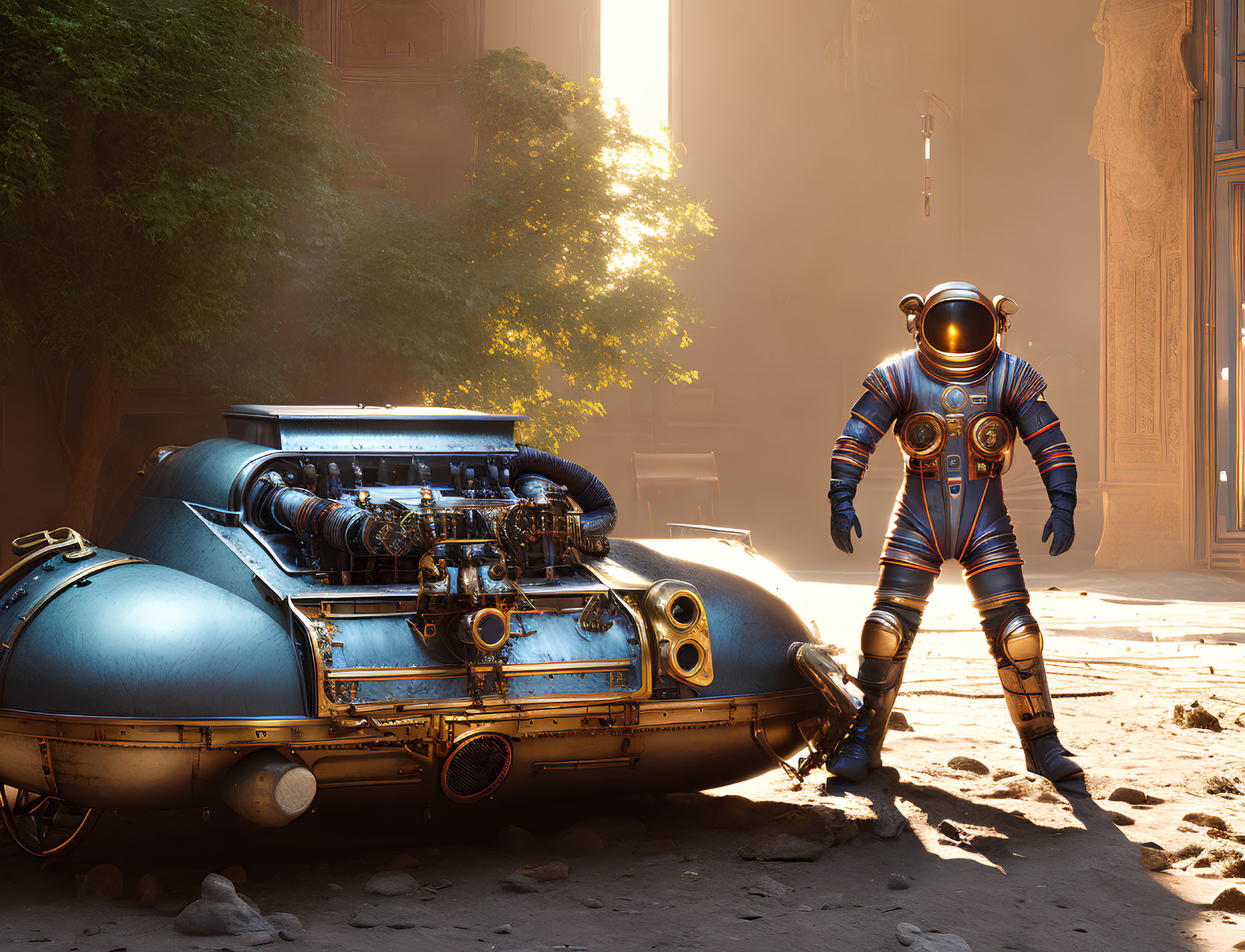 Astronaut with futuristic vehicle in dusty environment