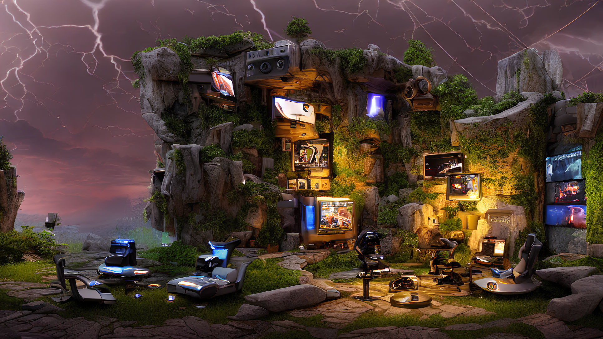 Fantastical gaming setup with multiple screens, moss-covered rocks, gaming chairs, consoles, and atmospheric