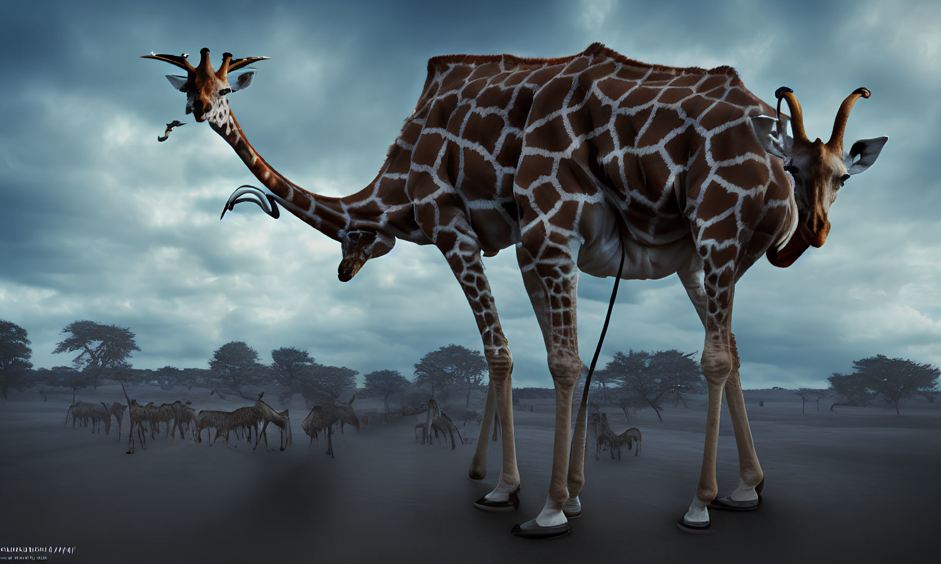 Two-headed giraffe with elongated necks in dusky savanna.