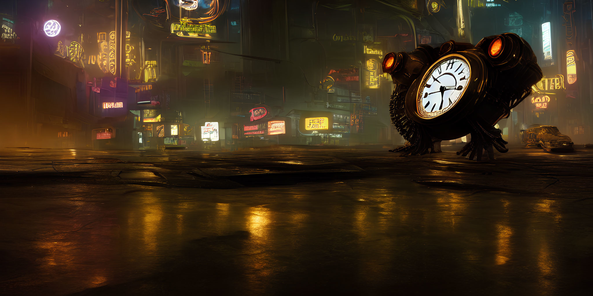 Large clock with multiple legs in neon-lit cyberpunk cityscape at night