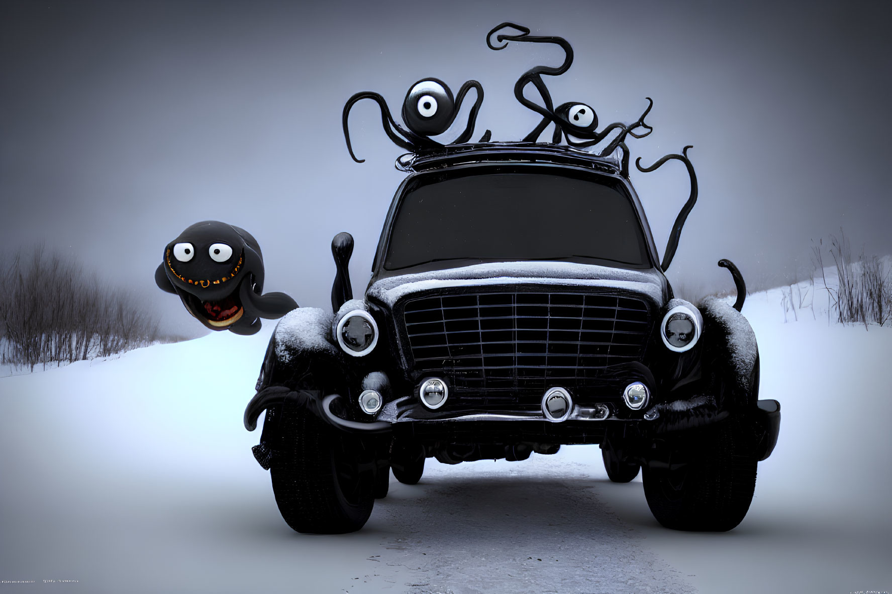 Whimsical black car with cartoon eyes and tentacles in snowy landscape.