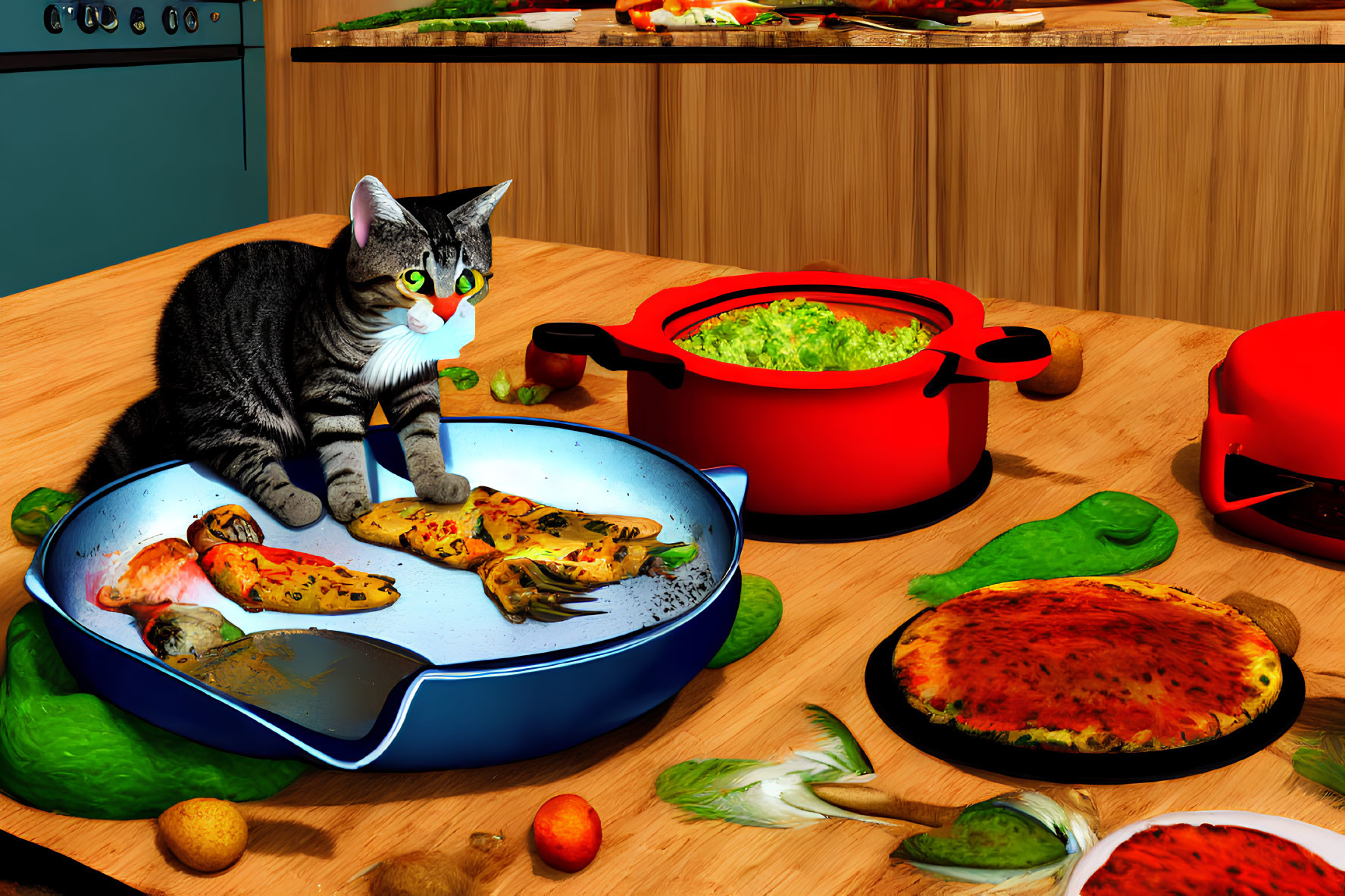 Cat in frying pan with pizza and vegetables in colorful kitchen