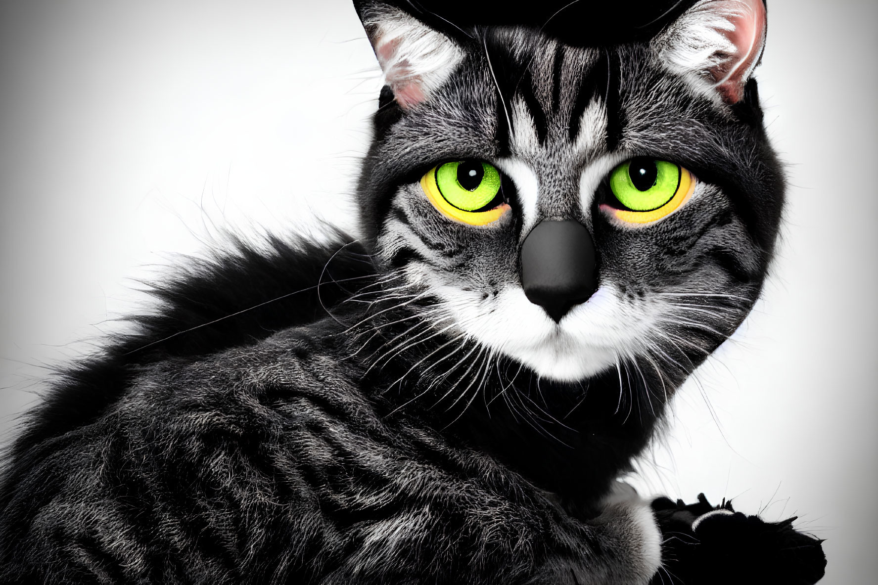 Whimsical cat digital artwork with human eyes and black hat, vibrant green eyes, fur detail,