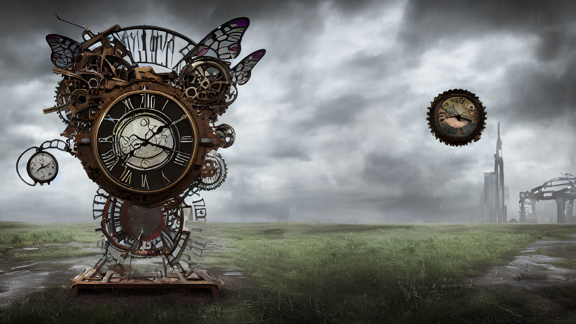 Steampunk-style Clock Sculpture with Gears and Butterflies in Industrial Landscape