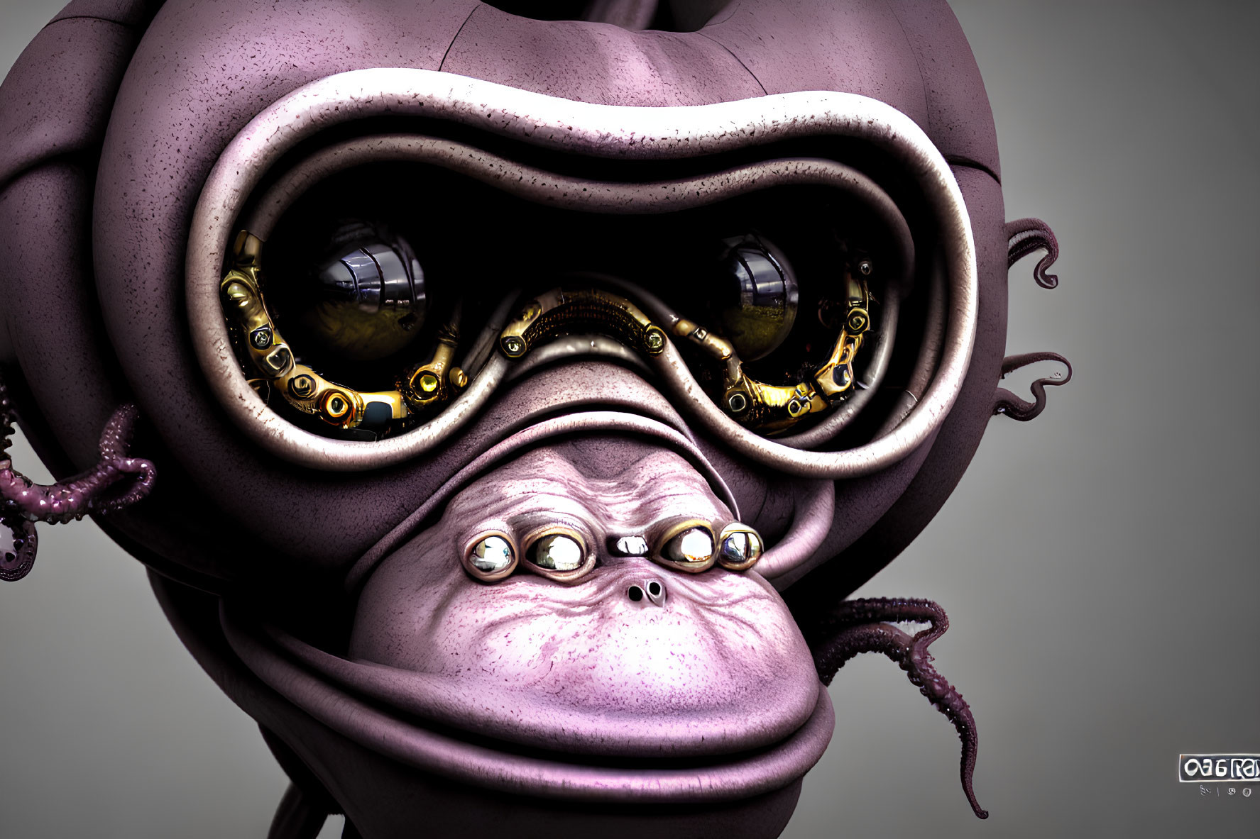 Surreal 3D rendering of creature with multiple eyes and tentacles in metallic purple palette