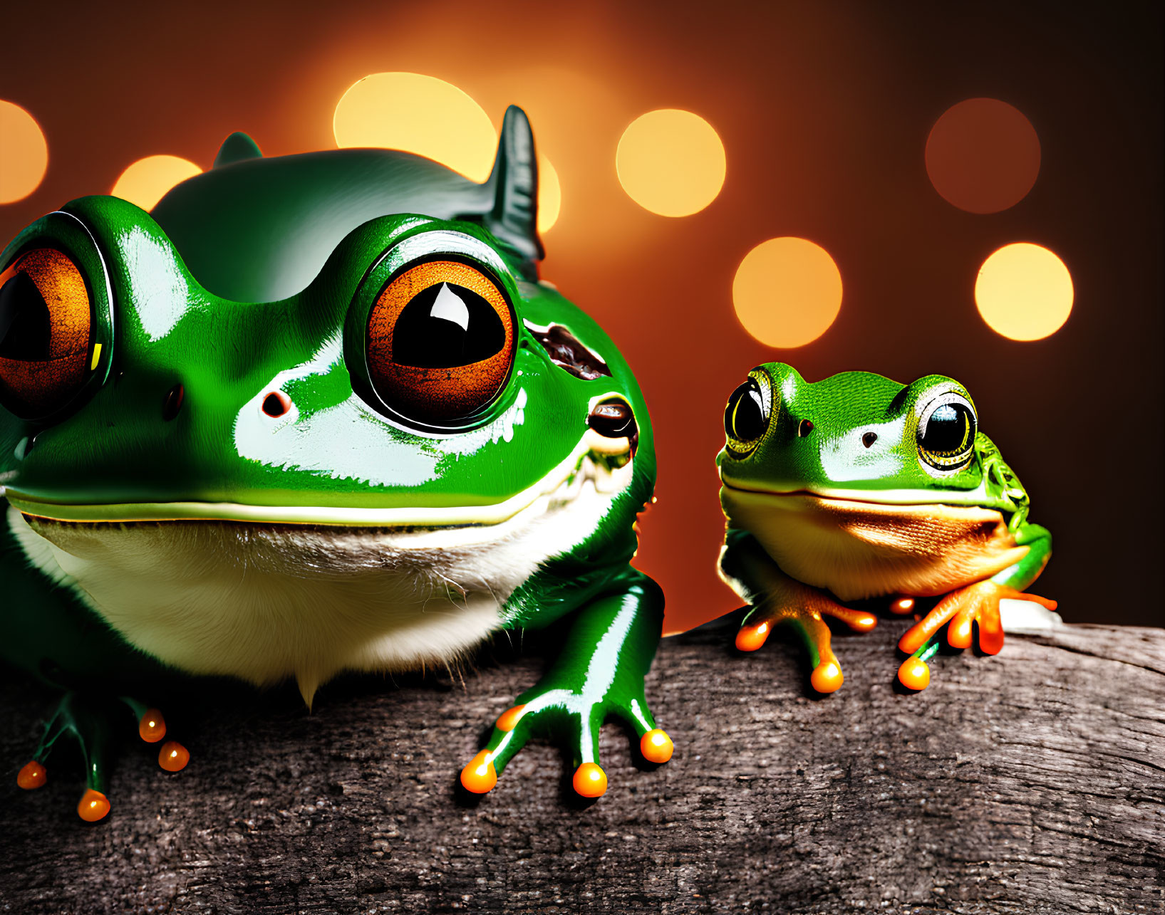 Colorful Cartoon-Style Frogs on Branch with Bokeh Background