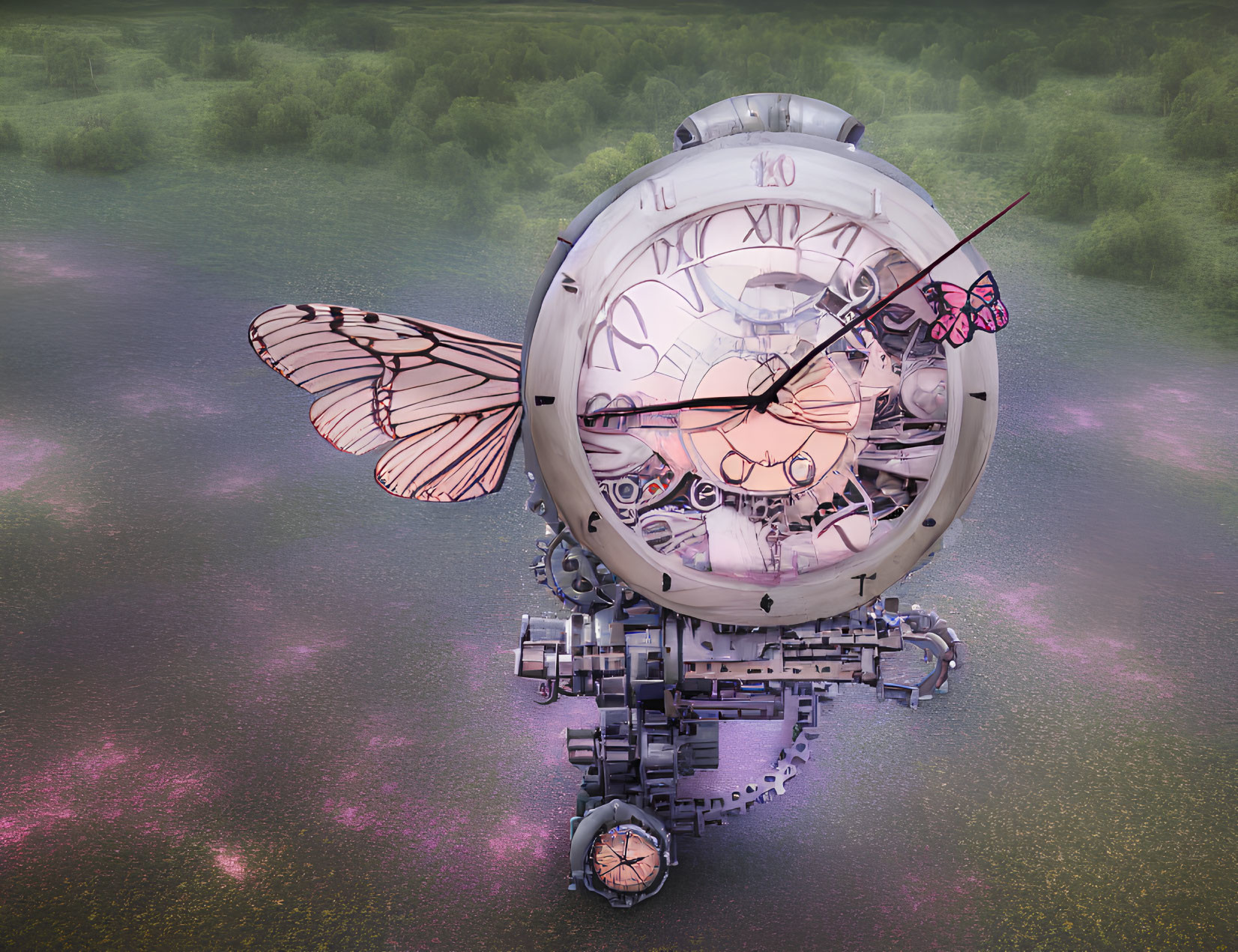 Transparent clock with Roman numerals and butterfly wings on chain-like structure in floral field