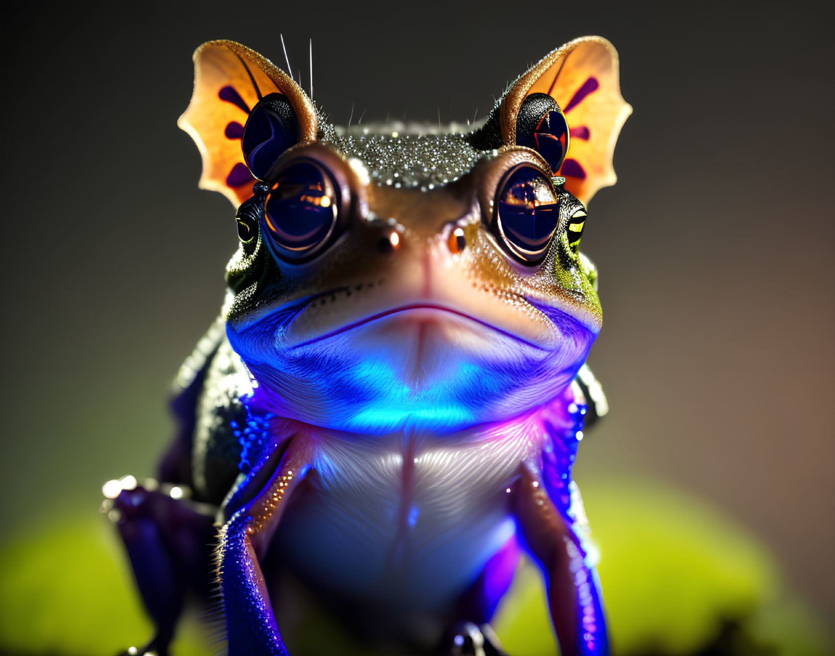 Colorful iridescent frog with orange webbed feet and dew-like skin texture