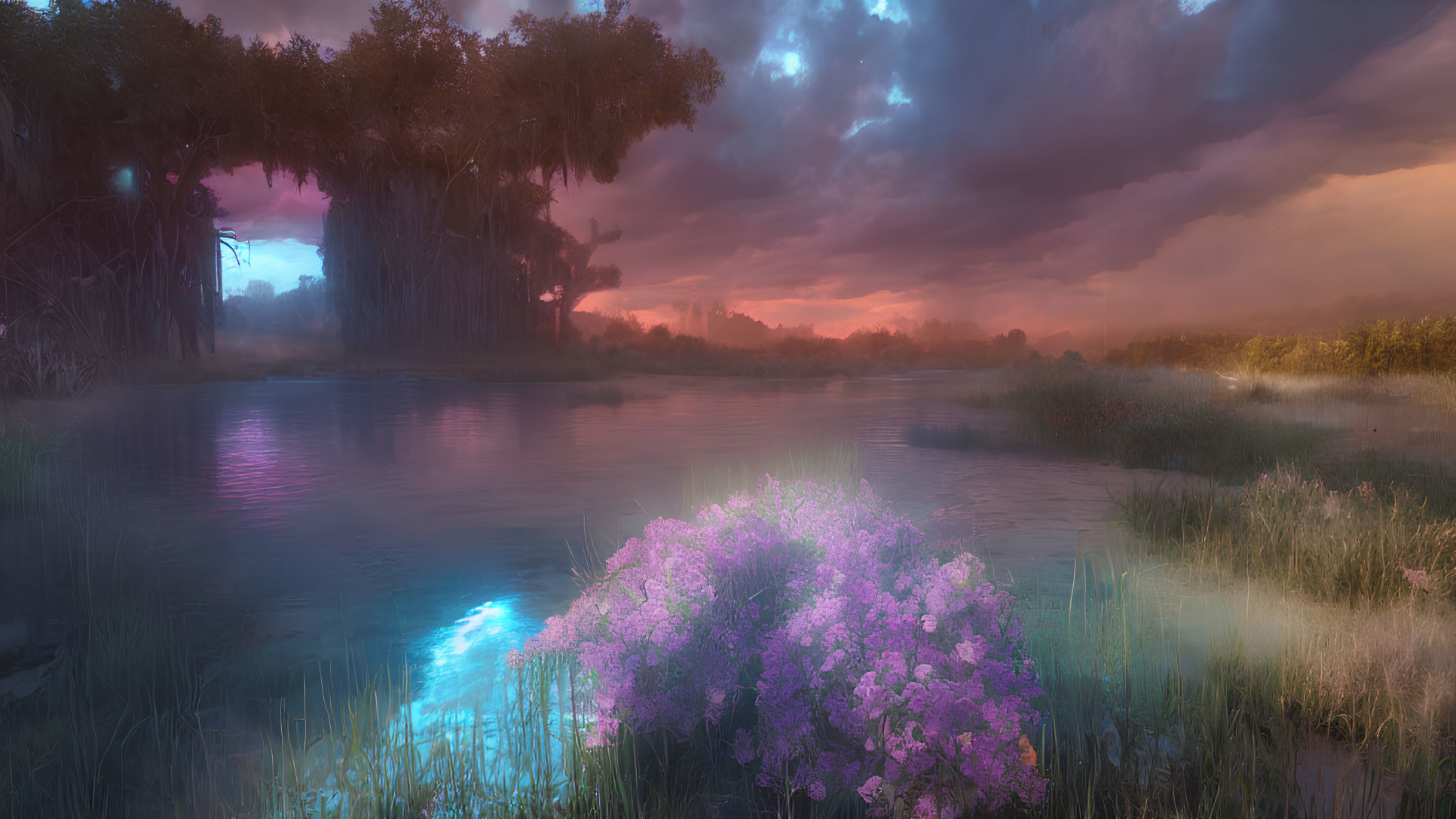 Twilight landscape with purple bush, pond, and vibrant sky