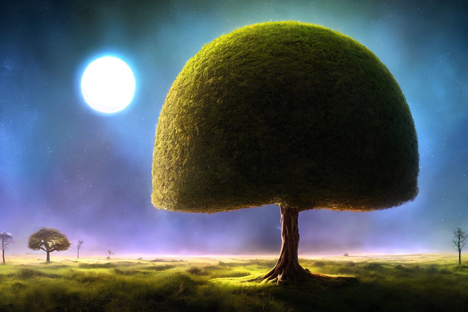 Enormous round canopy tree in mystical moonlit landscape