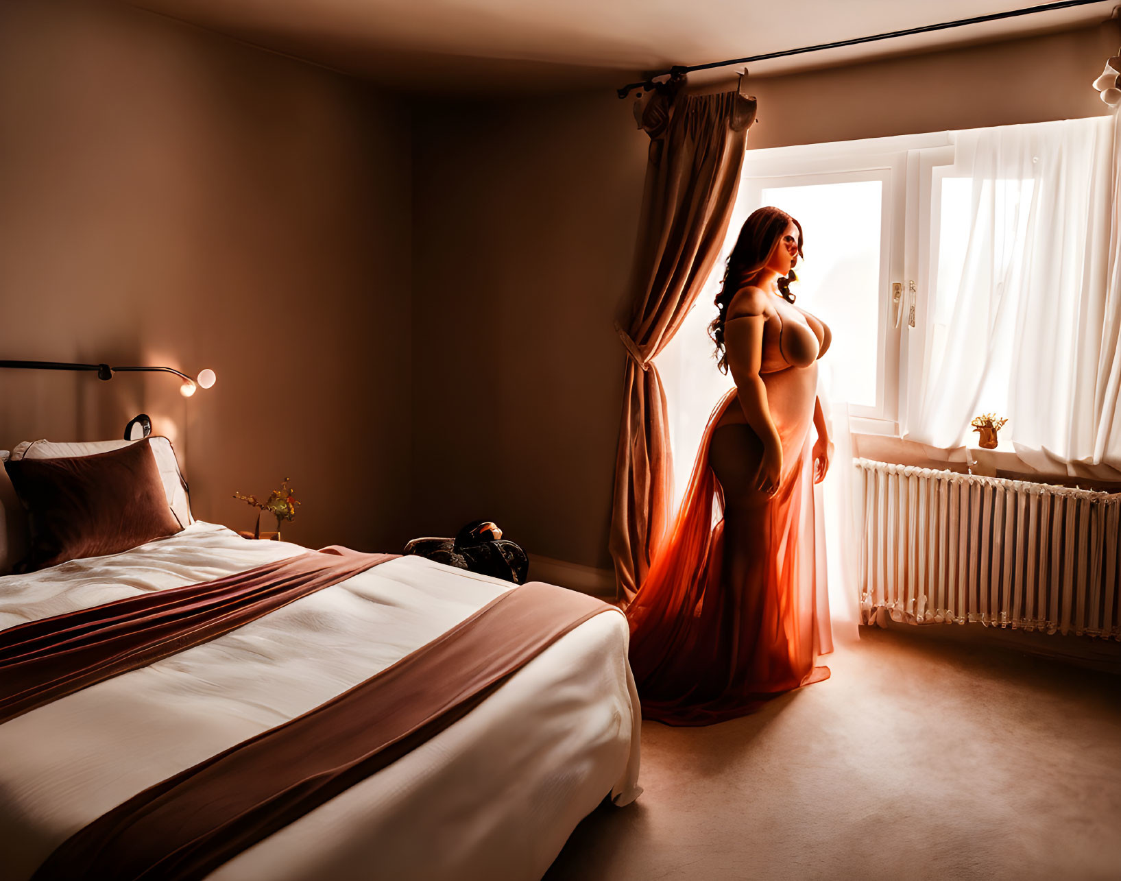 Woman in flowing dress by warmly lit bedroom window