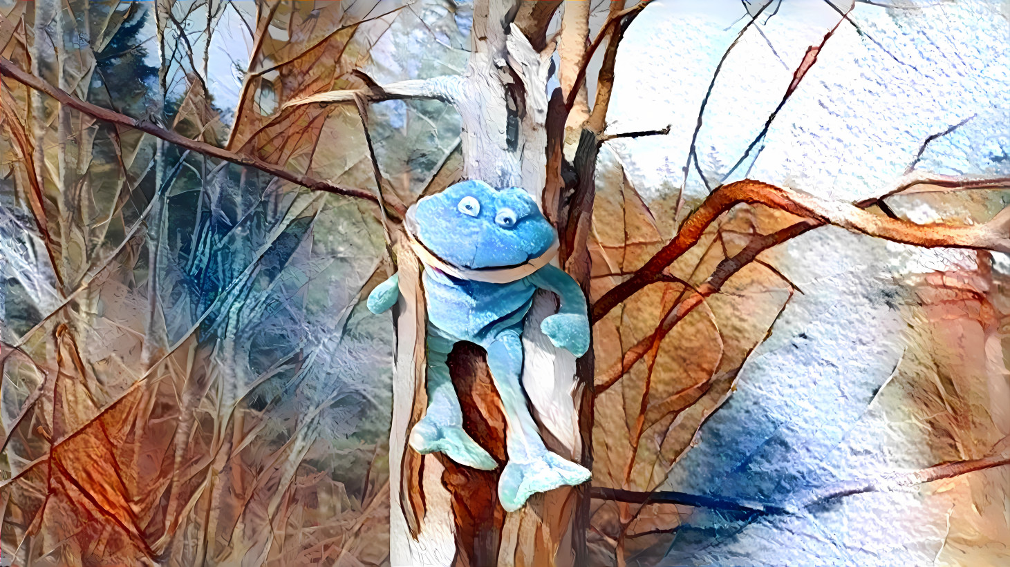 Frog climbing on dead tree 