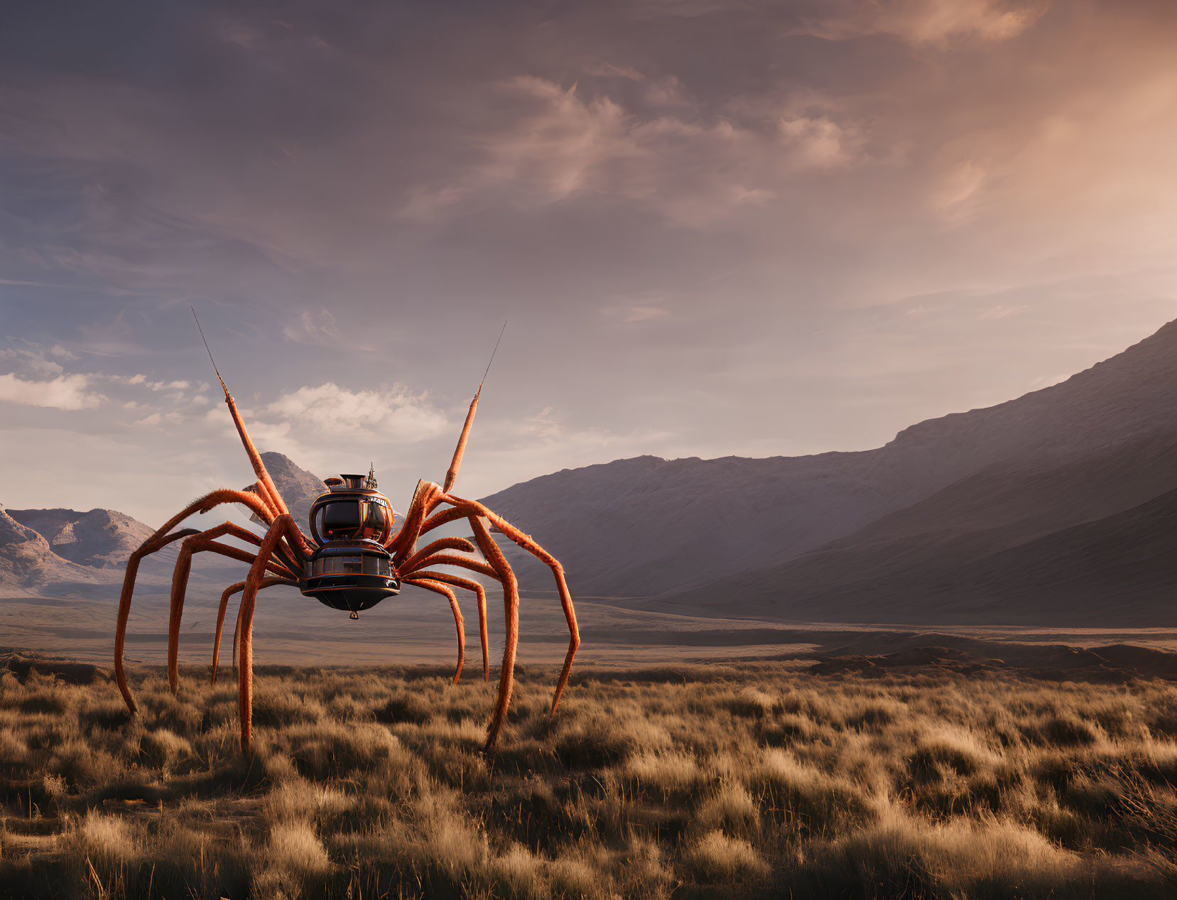 Giant mechanical spider in barren landscape with mountains and hazy sky