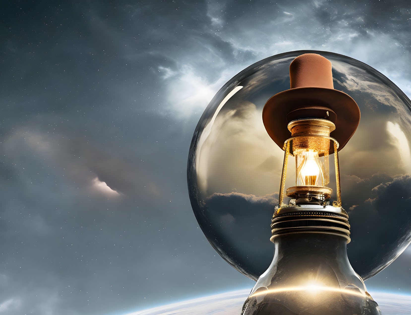 Glowing light bulb with brown hat floating above Earth against clouds and space