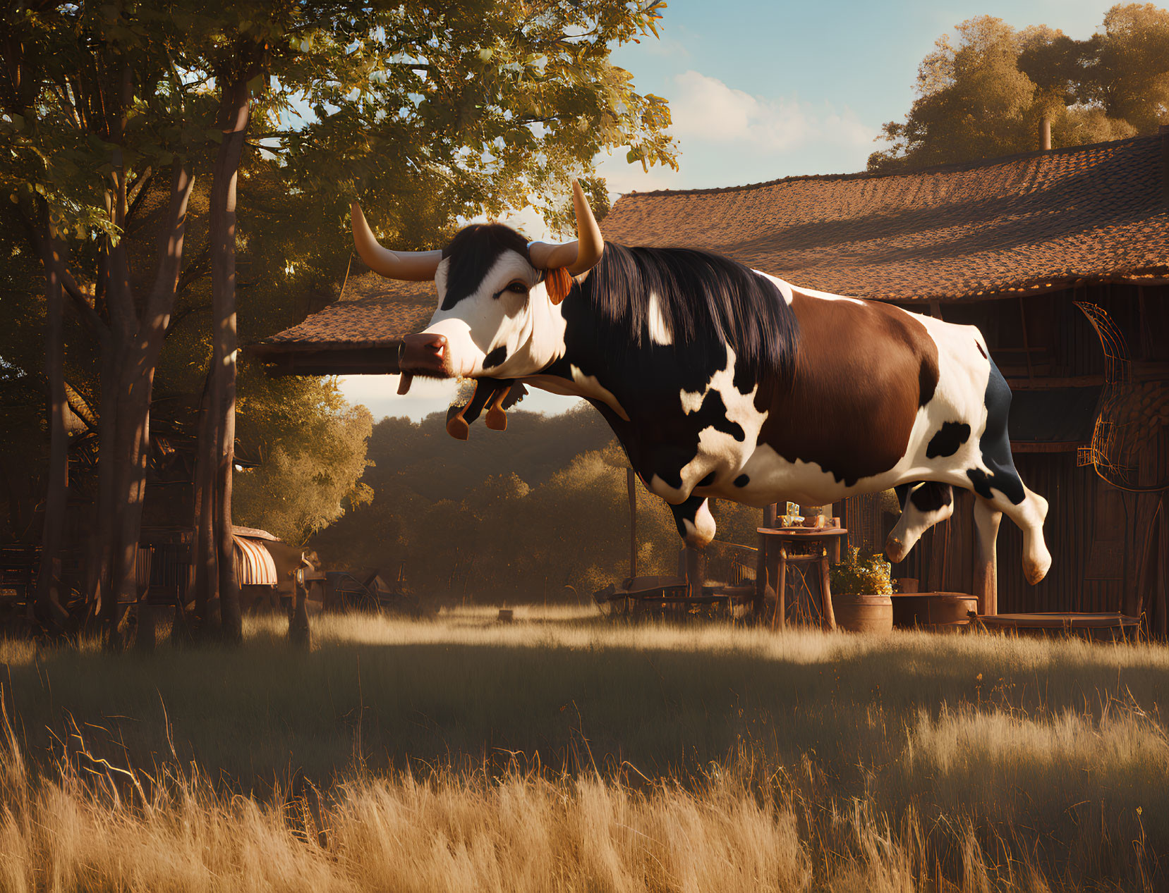 Stylized animated cow floating above grassy field with barn and trees