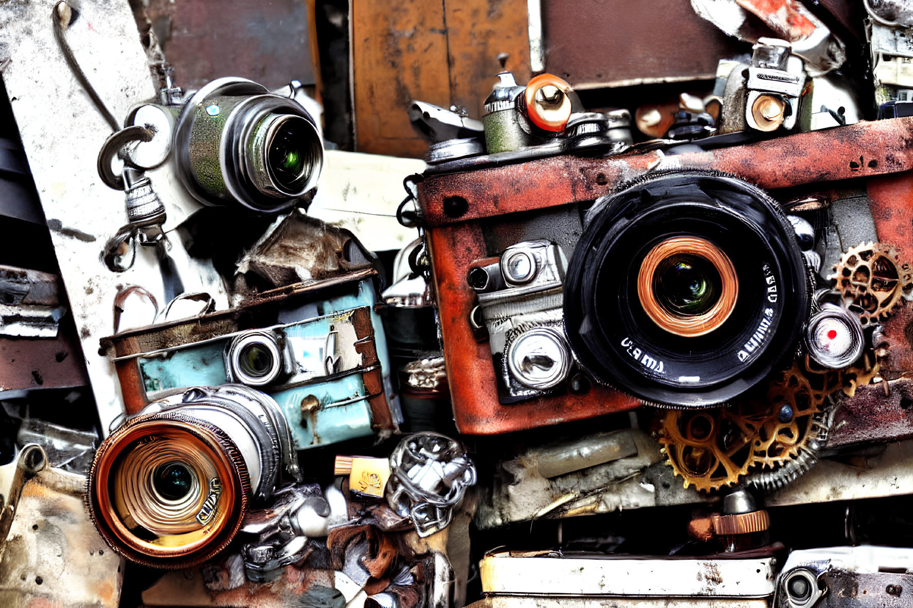 Assorted vintage cameras, mechanical parts, and spray cans on rustic metal.