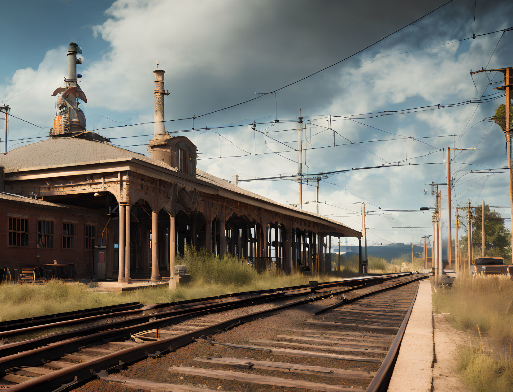 Weathered train station with multiple tracks and electrical lines against blue sky