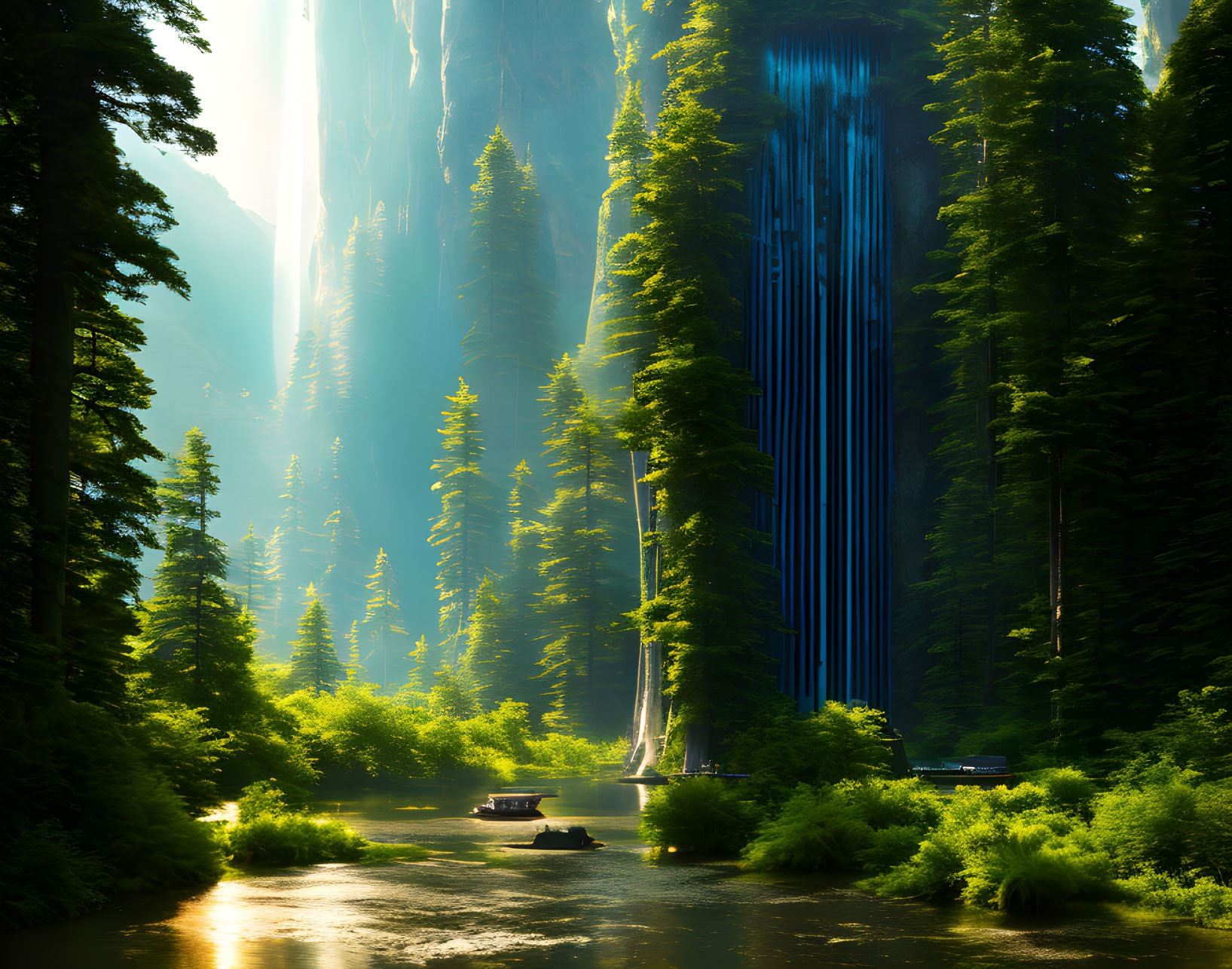 Tranquil forest landscape with river, sunlight, and blue waterfall