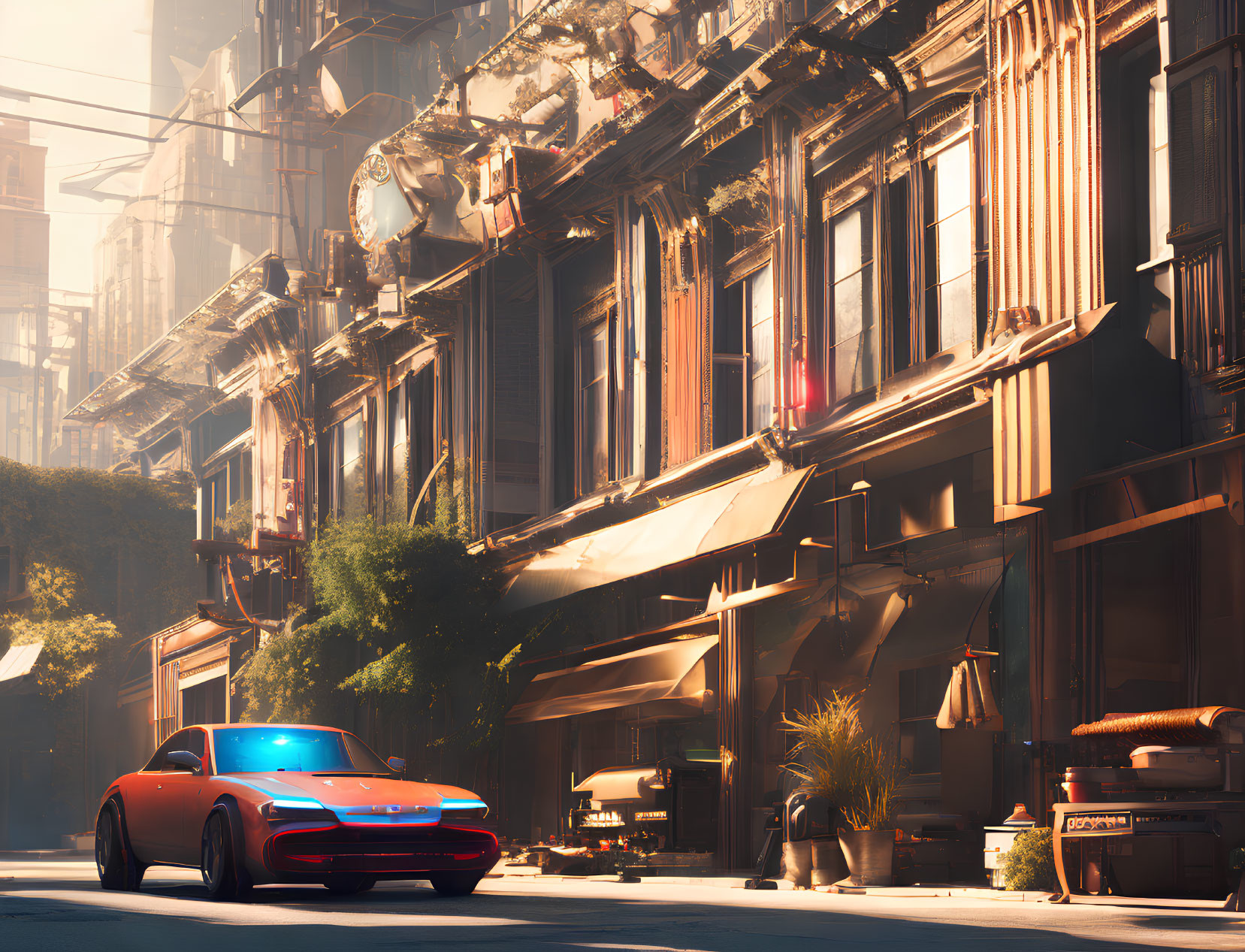 Red sports car parked on sunlit city street with historic buildings and coffee shop