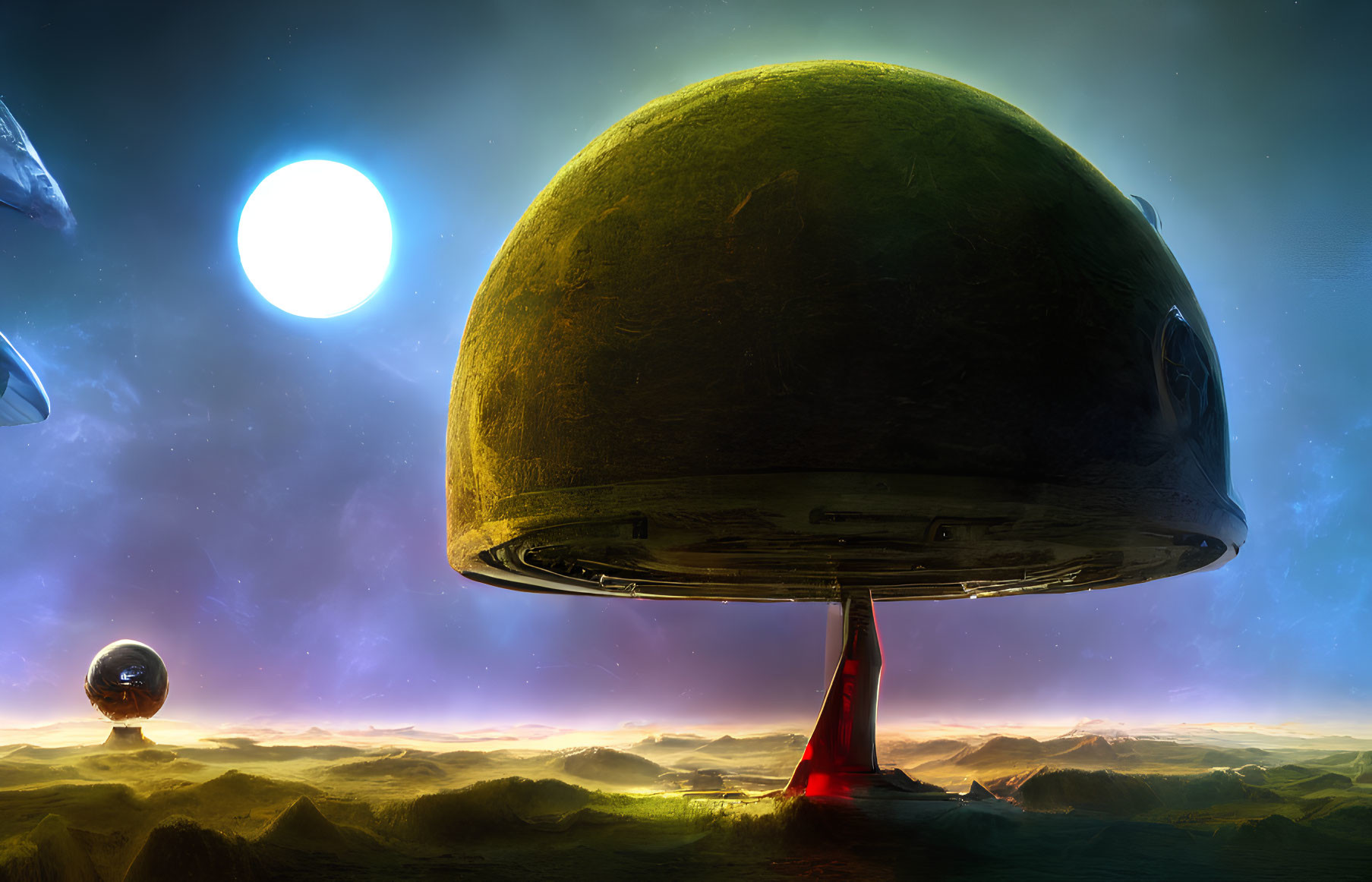 Futuristic Alien Landscape with Dome Structures and Starry Sky