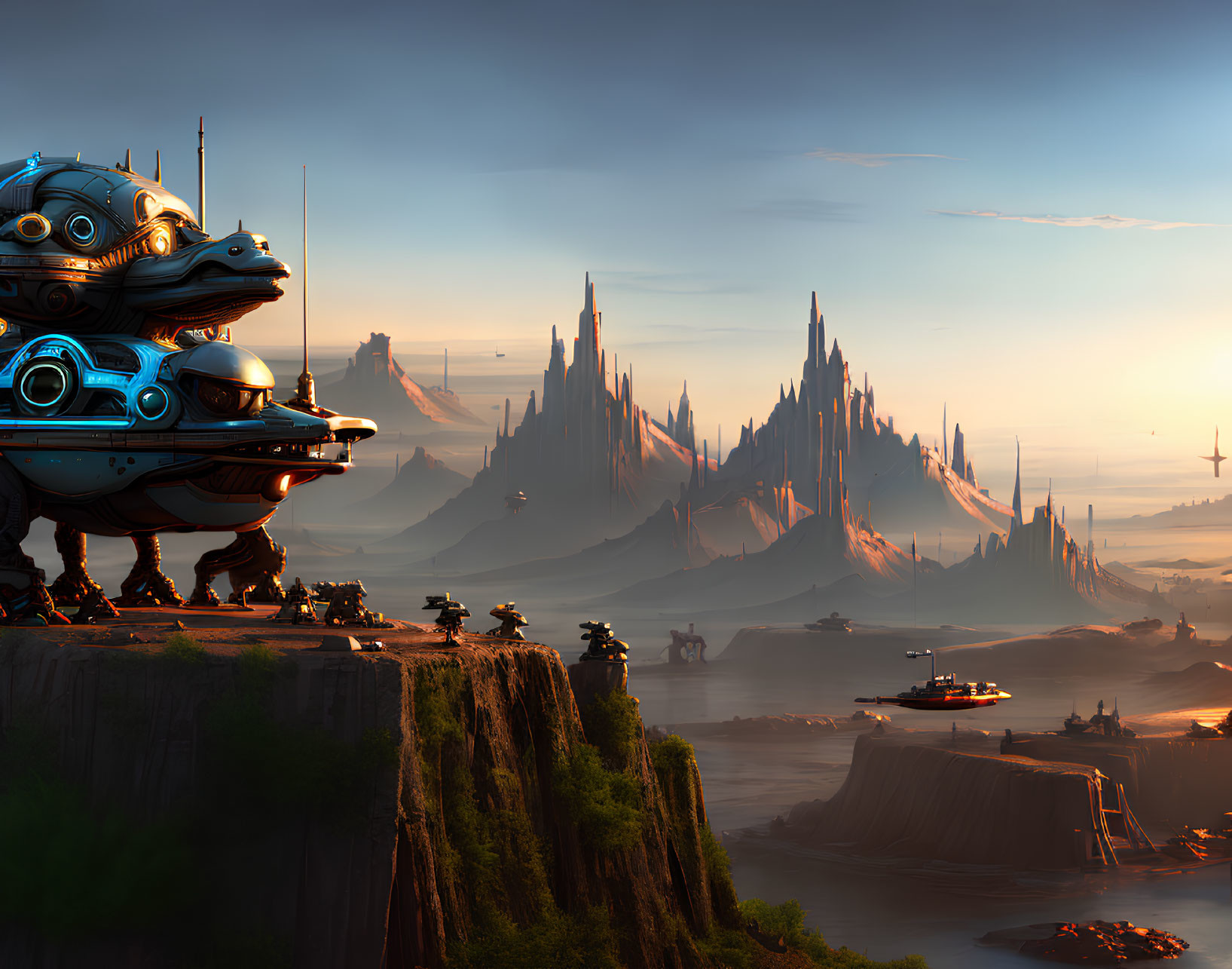 Futuristic cityscape at dawn with sleek spires and flying vehicles