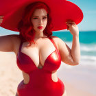 Red-haired woman in red swimsuit and hat on beach with blue water