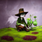 Illustration of mystical green creature with hat and lantern casting spell on blooming flower