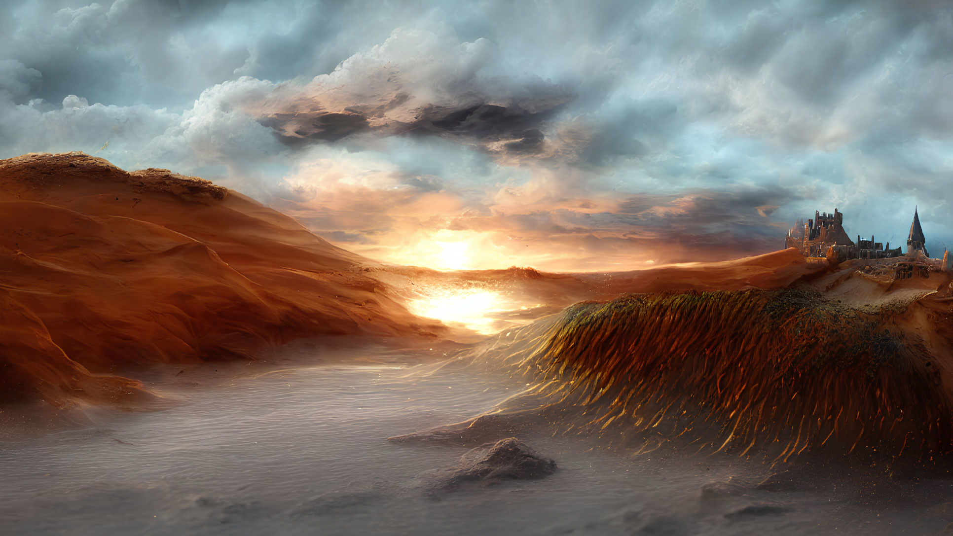 Fantastical landscape with castle, dramatic sky, desert sunset, and flowing river