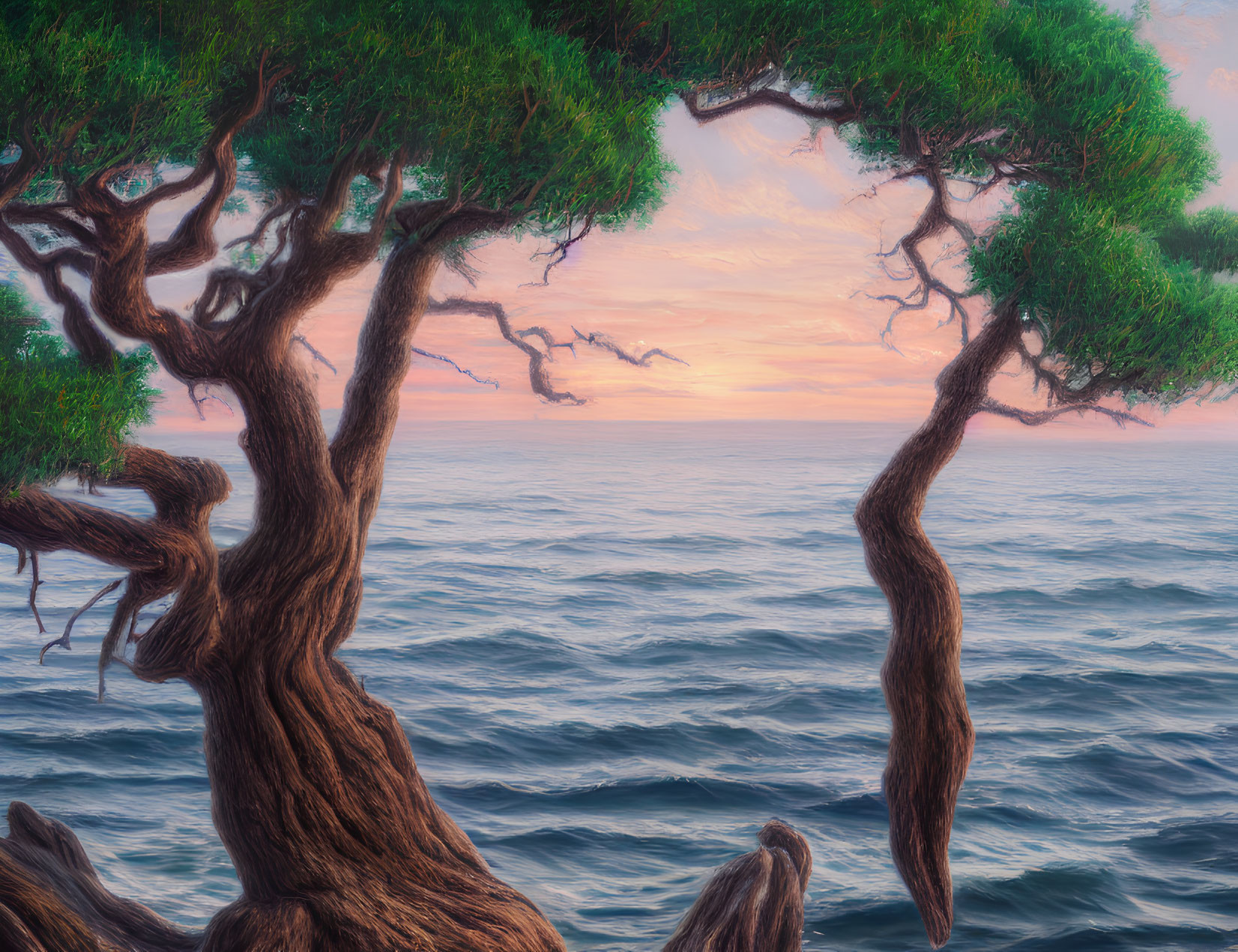 Twisted trees with dense green canopies and sunset sea view