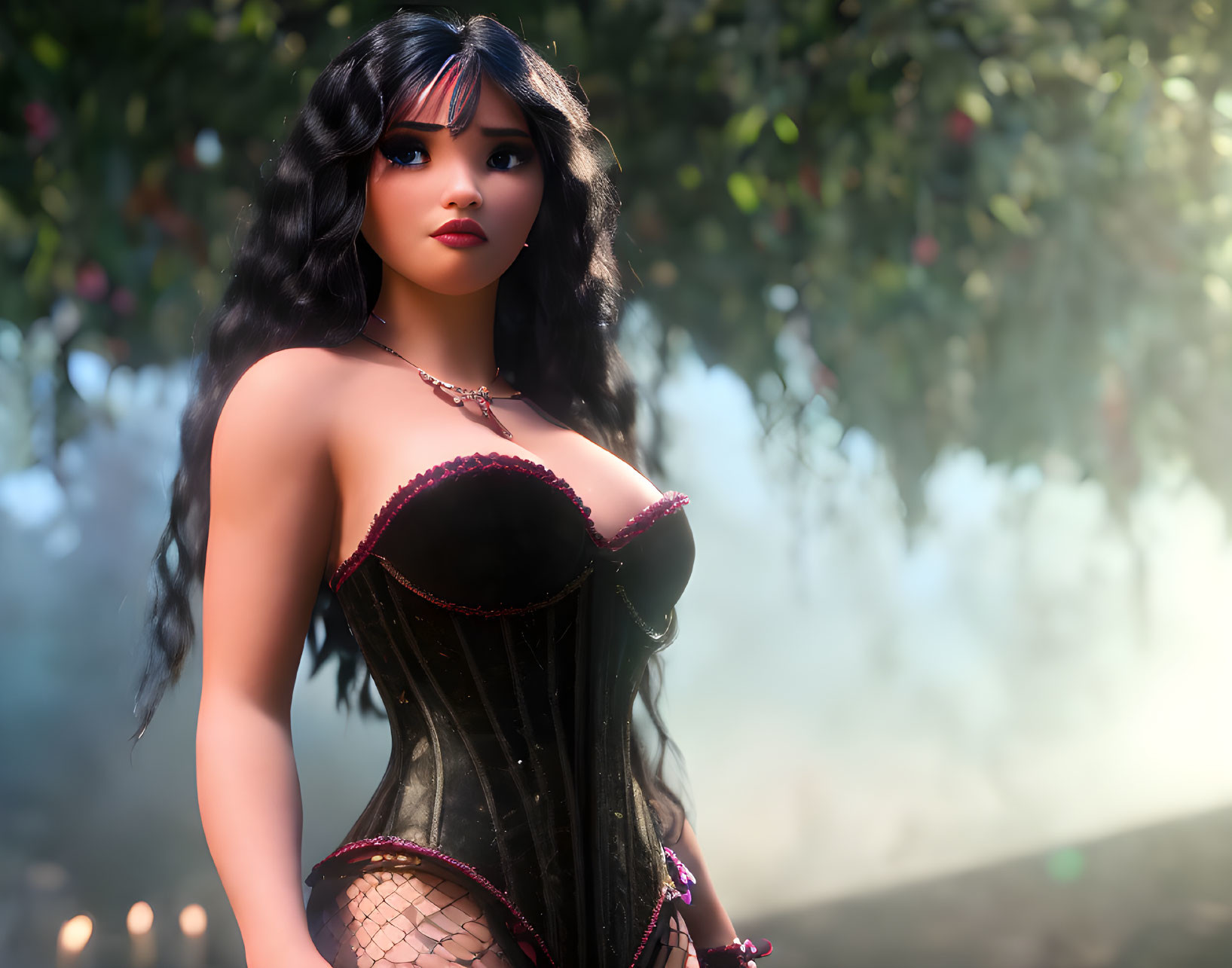 Dark-haired female character in black corset amidst misty forest.