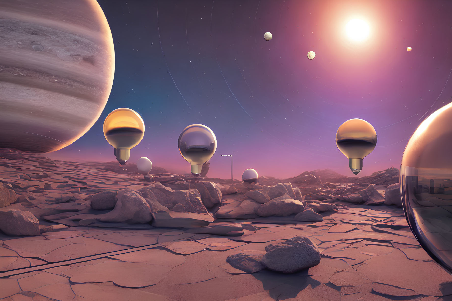 Surreal landscape with floating mirrored spheres and multiple celestial bodies