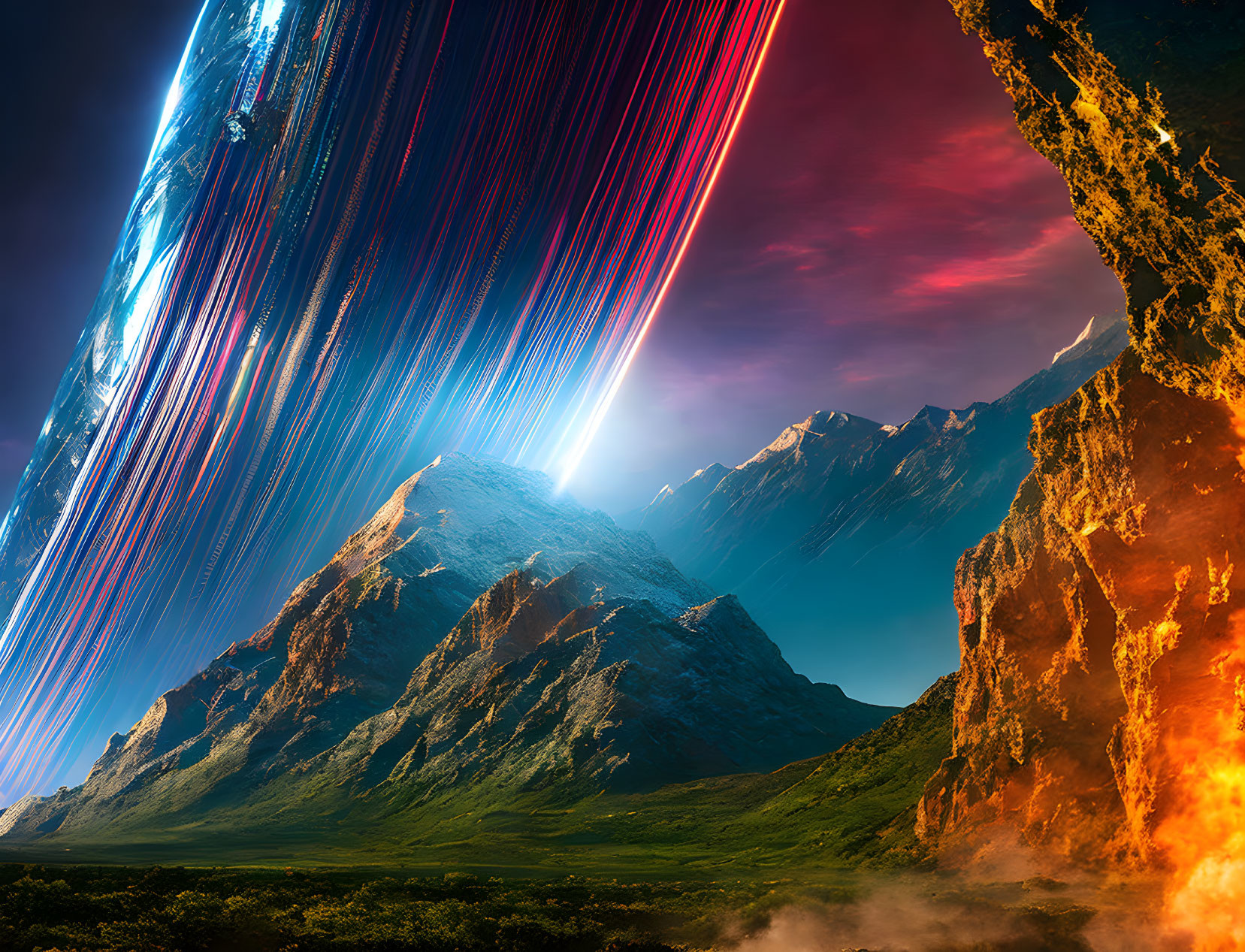 Vibrant sci-fi landscape with mountain range and fiery asteroid in contrasting environments