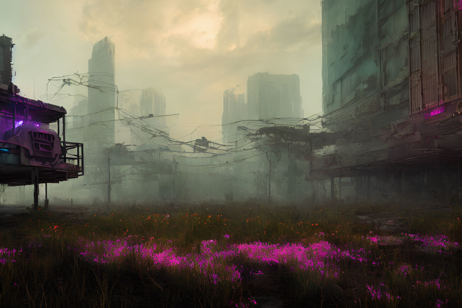 Post-apocalyptic cityscape with overgrown wildflowers and derelict buildings