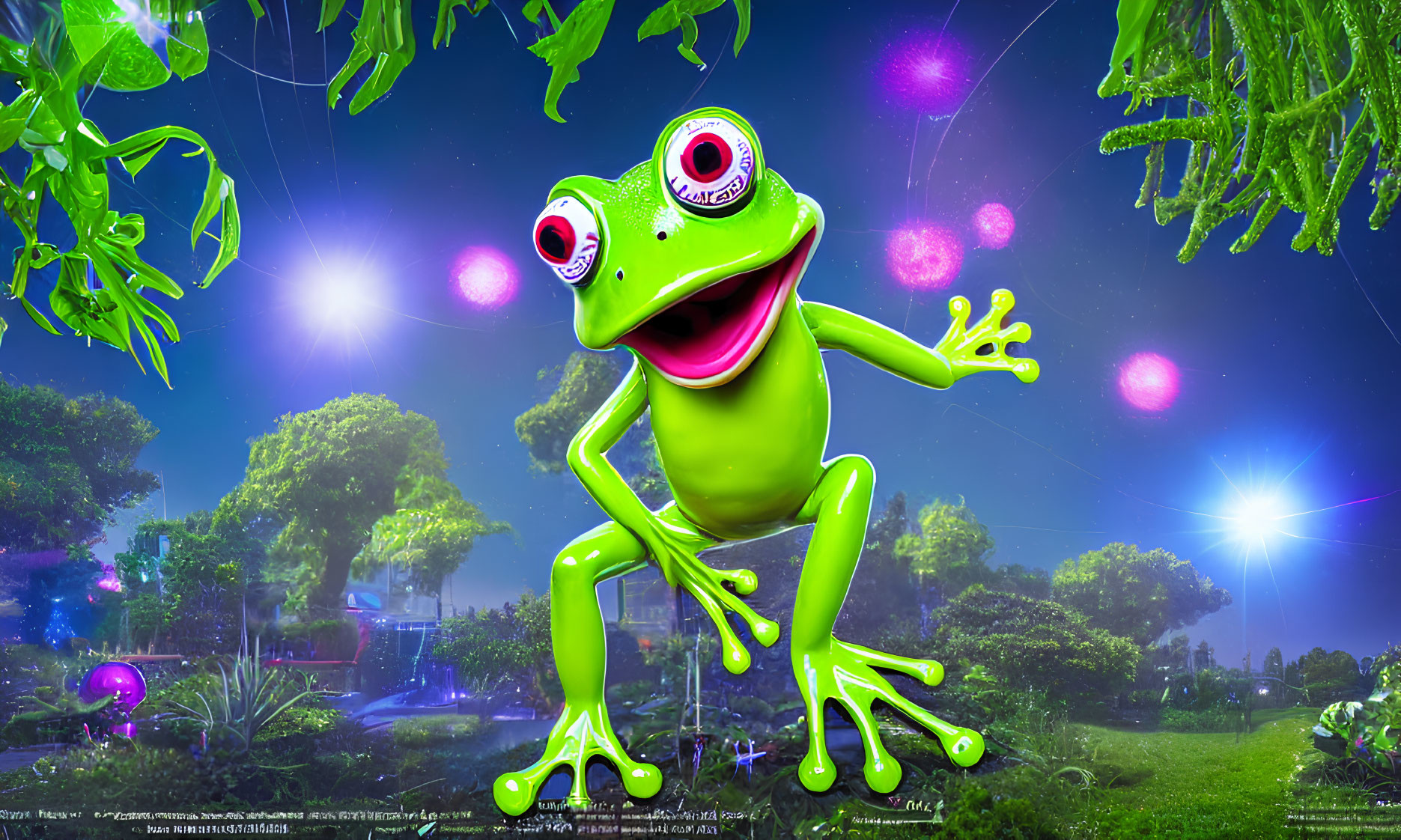 Colorful anthropomorphic green frog artwork under starry night sky in lush foliage