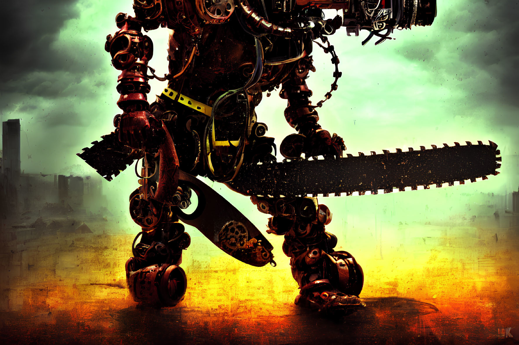 Detailed futuristic robot with chainsaw arm in dystopian cityscape