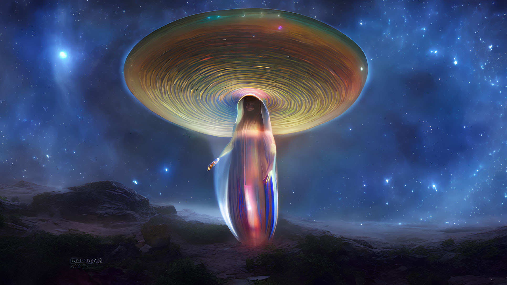 Colorful Light-Emitting Figure Under Cosmic Disc in Surreal Landscape