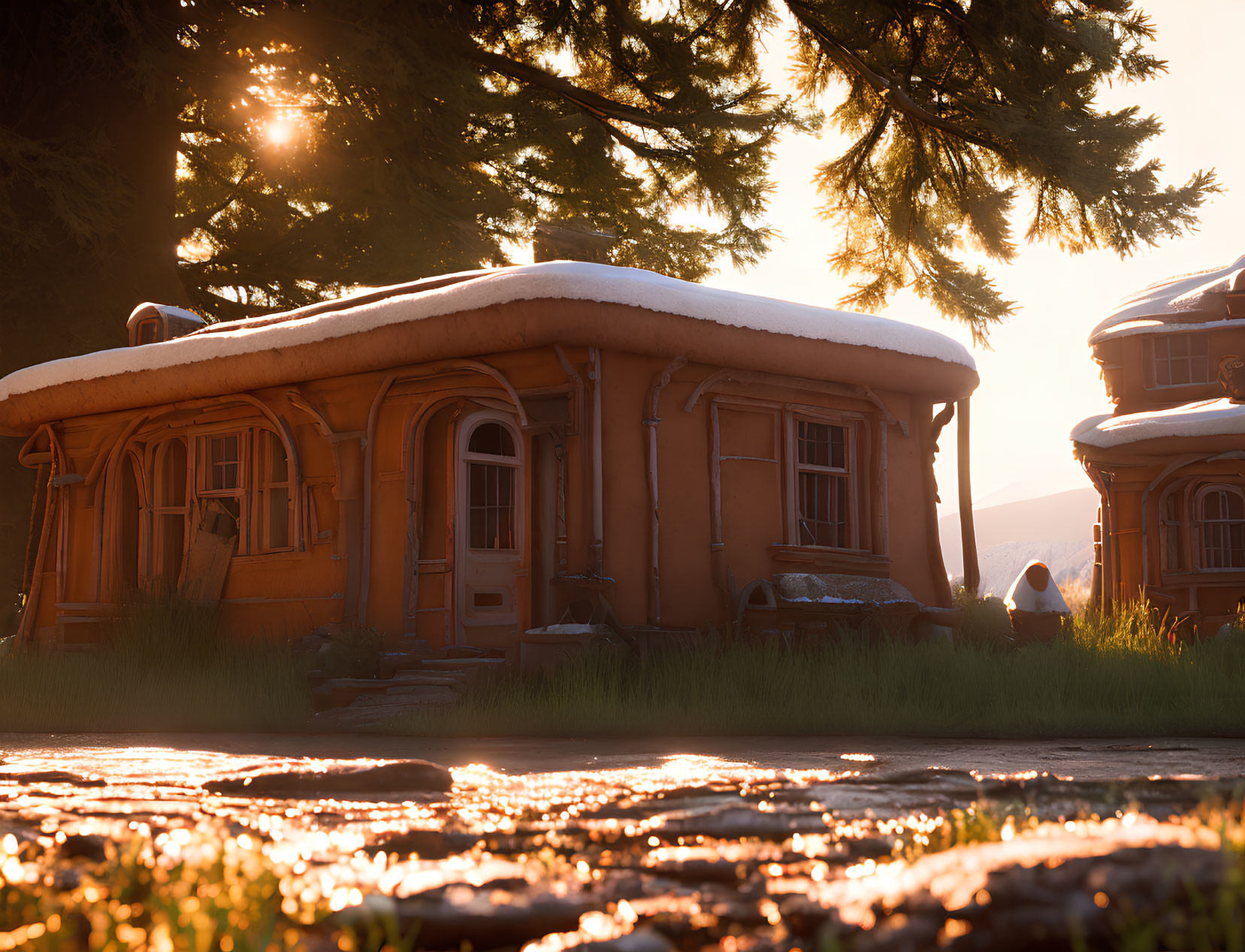 Sunlit Snow-Topped Cabin Amidst Tranquil Nature