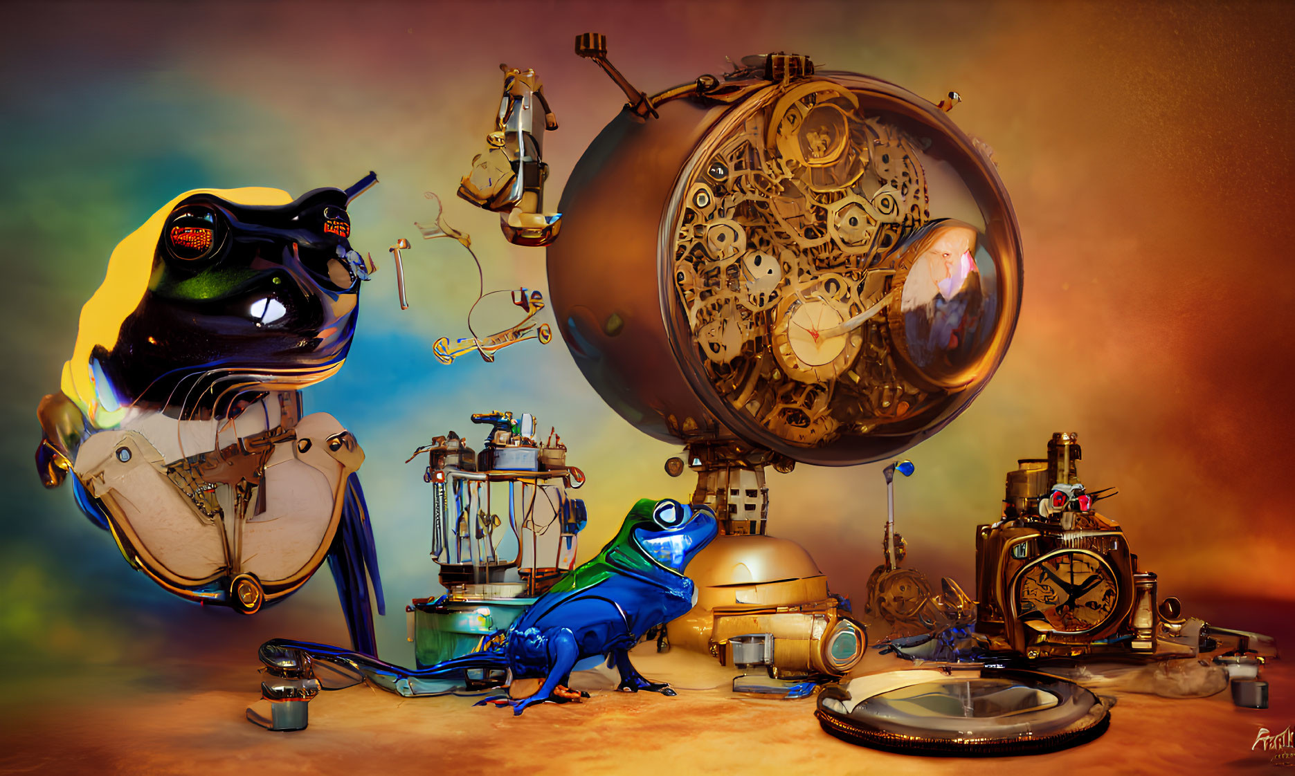 Surreal digital artwork: anthropomorphic frogs with steampunk gadgets